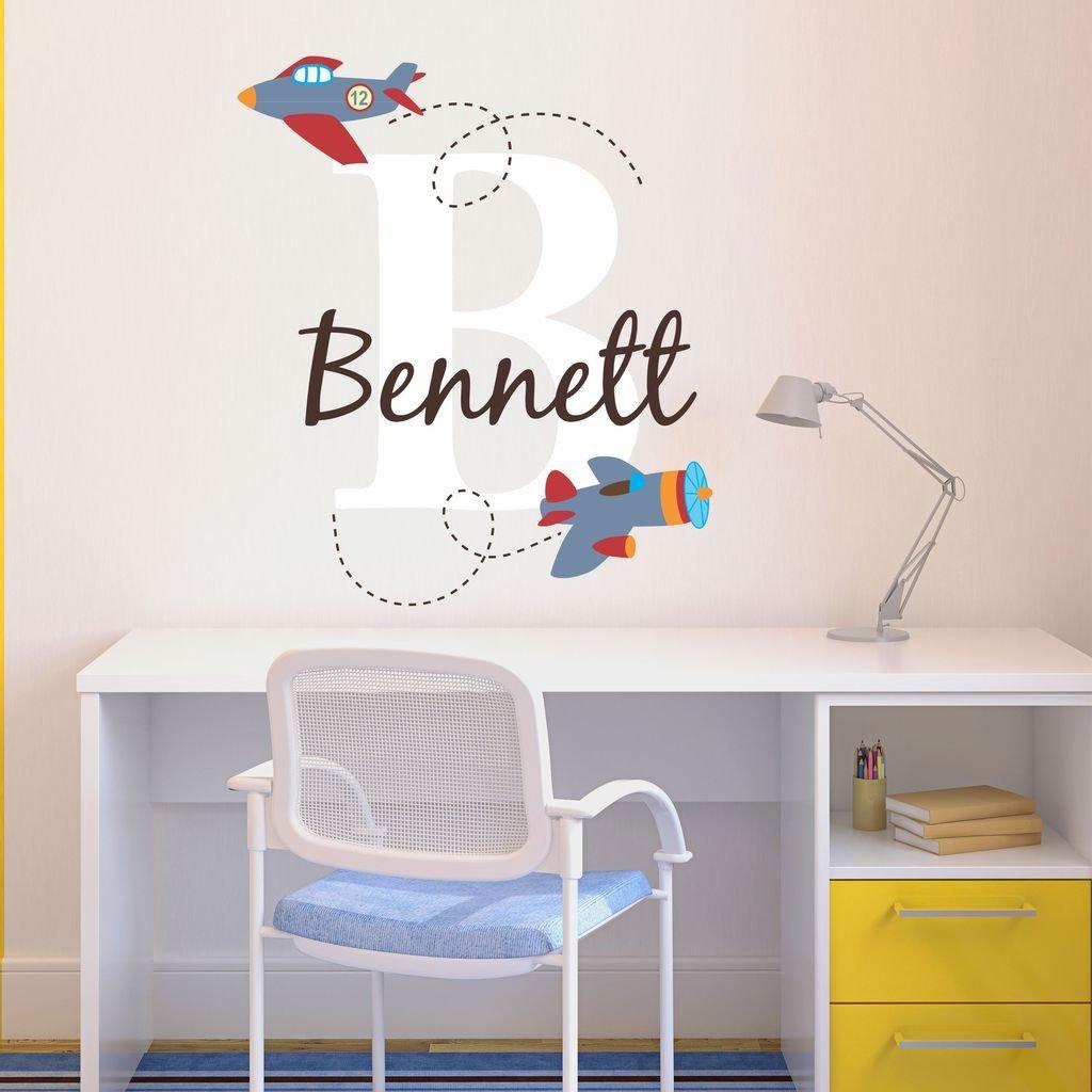Decor Designs Decals Nursery Planes Custom Name Wall Decal Sticker, 28" W by 28" H, Boys Name Wall Decal, Boys Name, Wall Decor, Personalized, Boy Name Decor, Boys Nursery, Boys Bedroom, Plus Free White Hello Door Decal