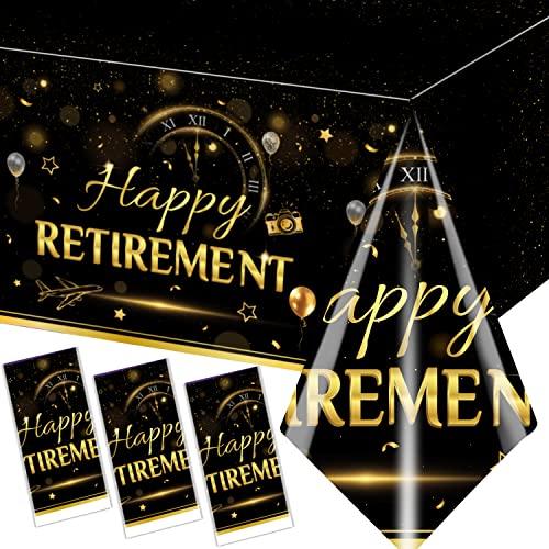 GREHUMOR GREHUMOR Happy Retirement Tablecloth 3Pcs-Retirement Party Decorations Black and Gold Tablecloth Plastic Rectangle Disposable Table Cover Rectangle Waterproof