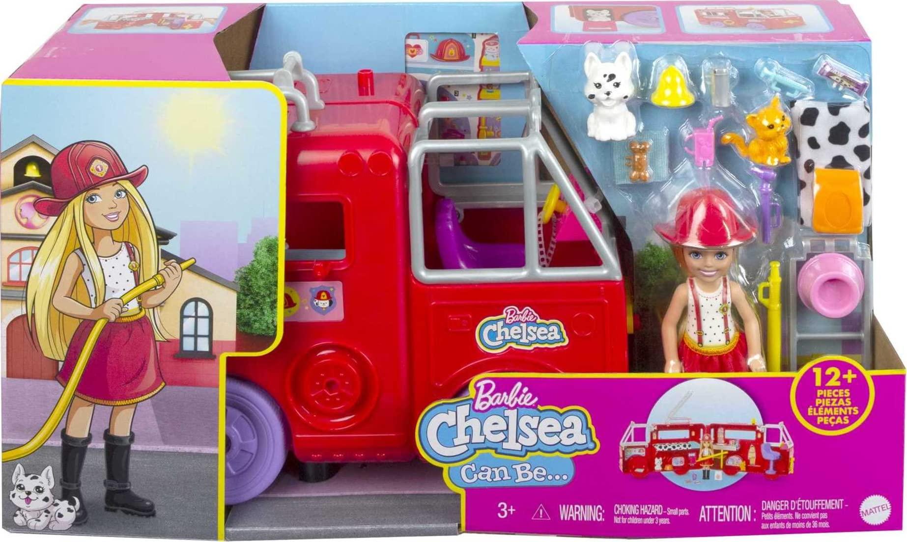 Barbie Barbie Chelsea Can Be Doll & Toy Fire Truck Playset with Blonde Small Doll, 2 Pets & 15+ Accessories, Open for Fire Station