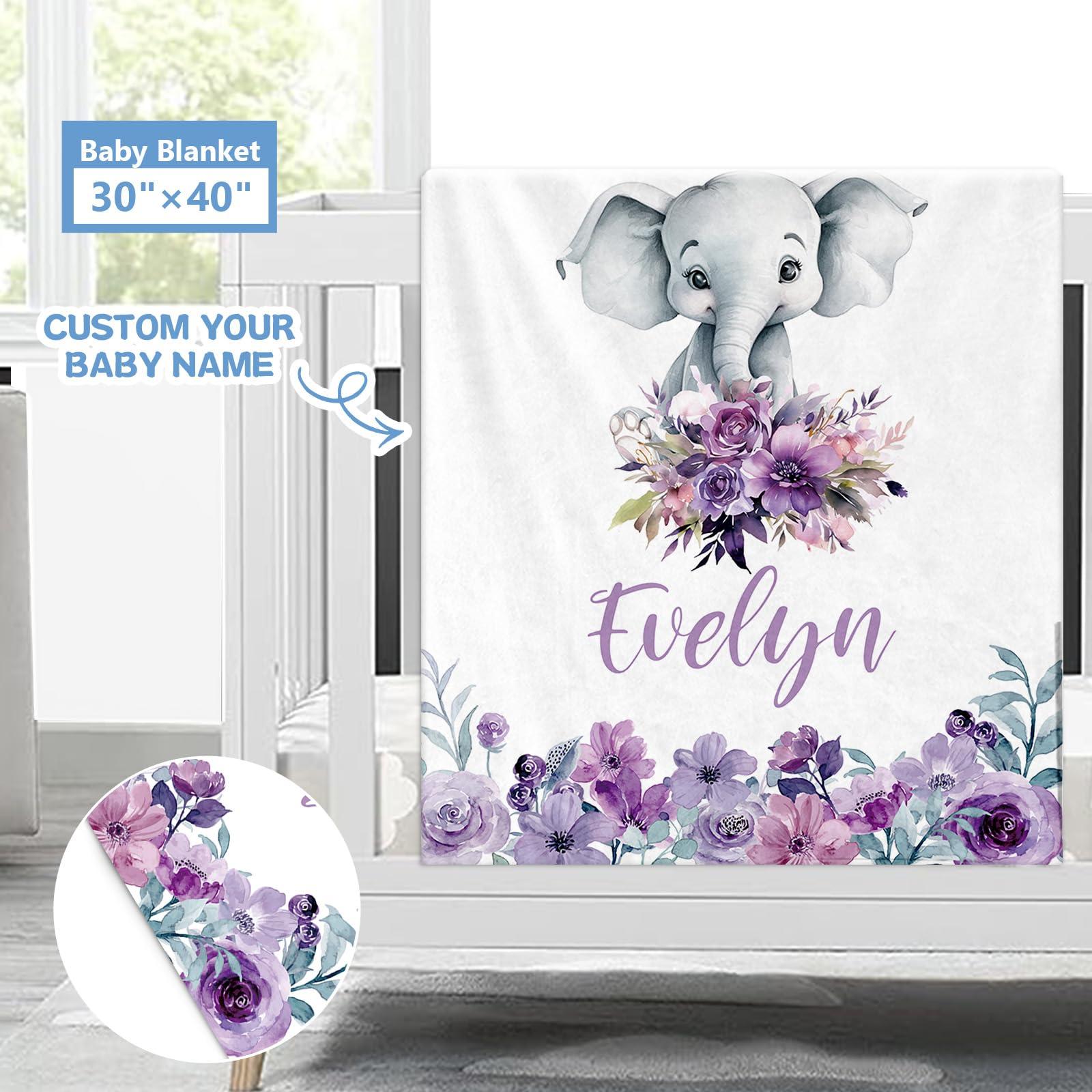KAINSY KAINSY Custom Baby Crib Bedding Set, 3 Pcs Personalized Baby Crib Sets with Name, Purple Elephants Bedding Set, Baby Bedding Crib Sets for Baby Girls, Customized Gifts for Toddlers Kids Infants
