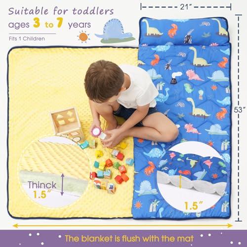 BORPRES Nap Mat with Pillow Blanket Set: Navy Dino Sleeping Mats for Toddler Kids - Thick Large Roll up Slumber Bag for Daycare Preschool Kindergarten Boys Girls