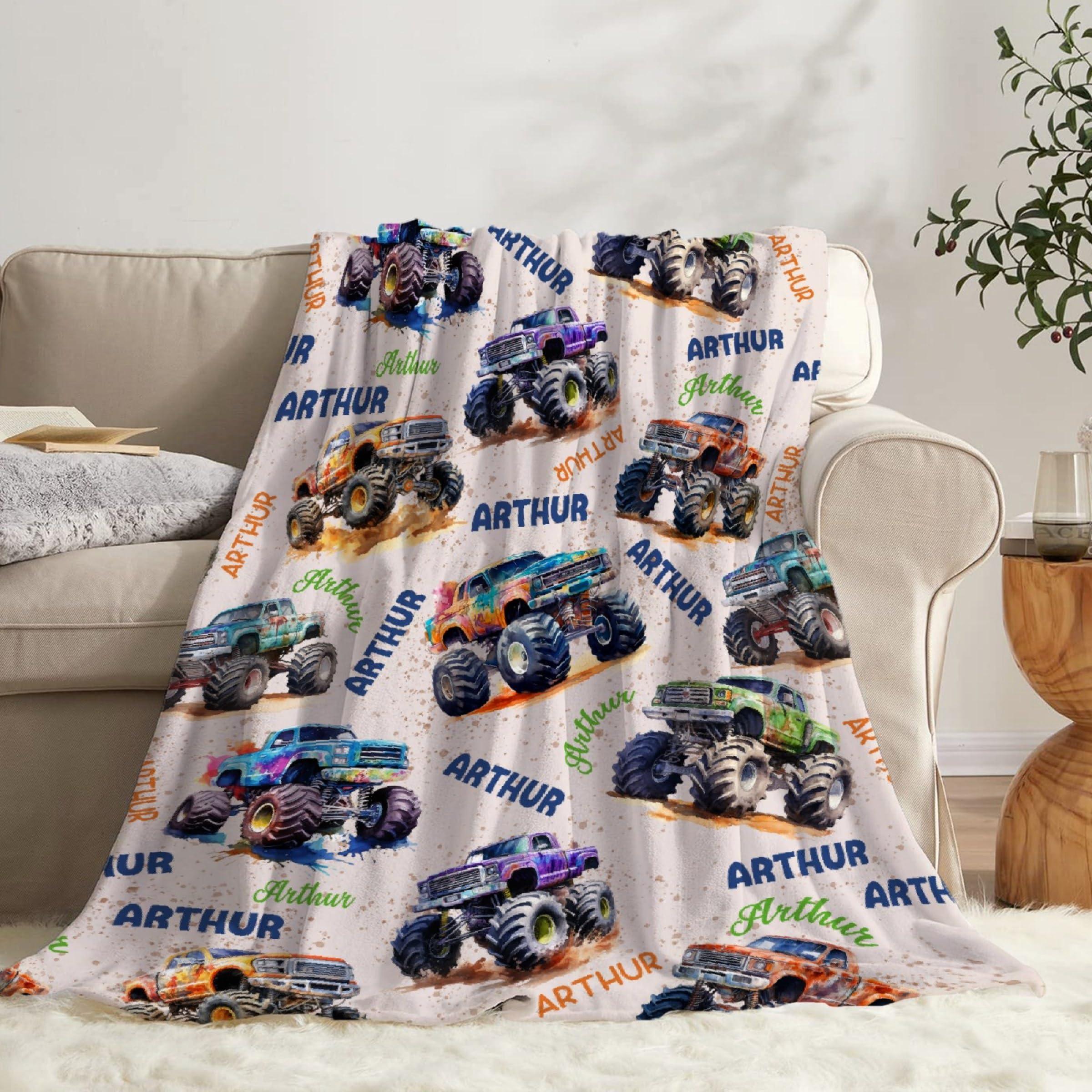 Todeyya Todeyya Personalized Mon-Ster Baby Blanket Gifts Custom Mon-Ster Trucks Toddler Blankets for Boys Mon-Ster Trucks Plush Throw Blanket, Trucks Bedding Room Decor for Boys 120"x90"