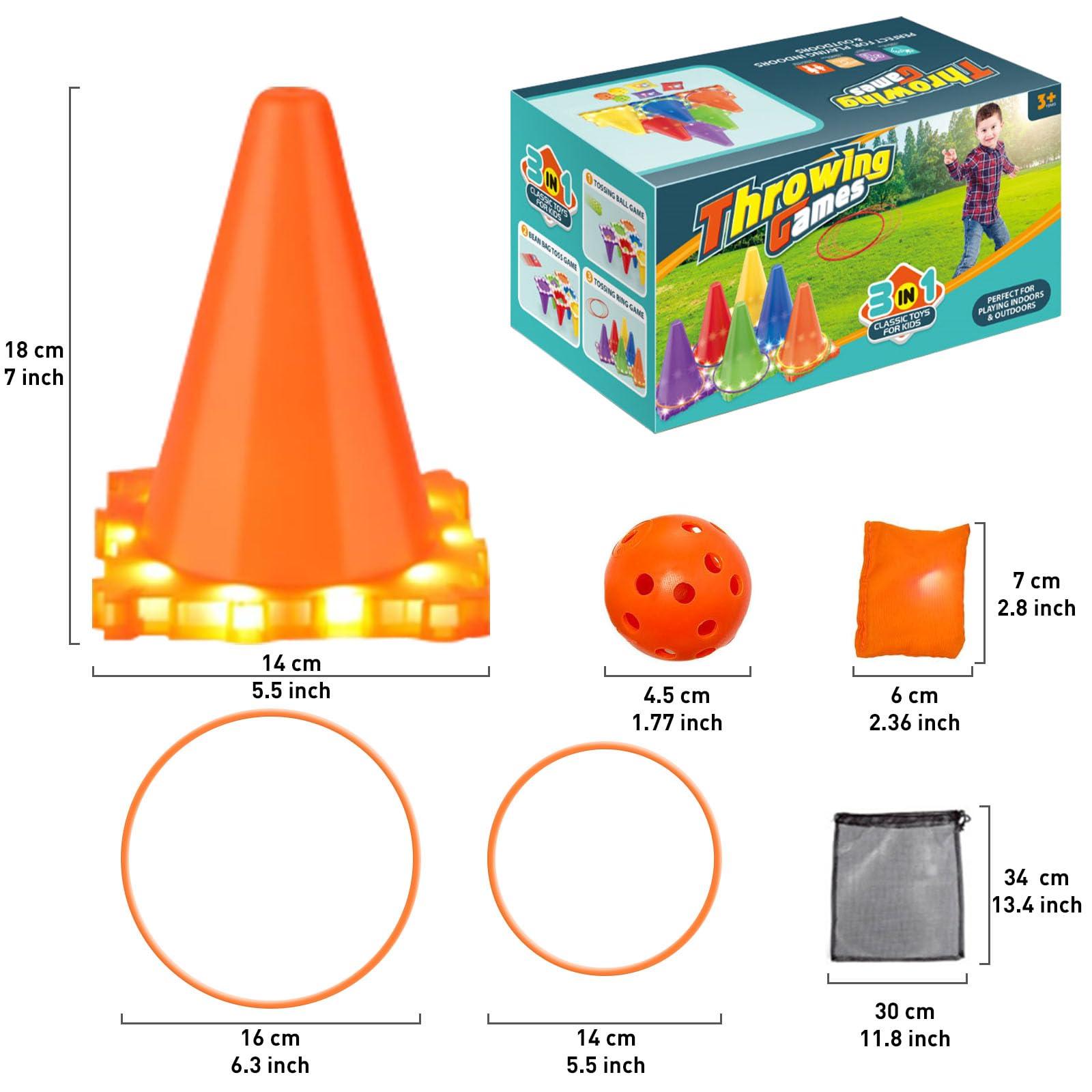 Whimtoyland 3-in-1 Carnival Games for Kids: Carnival Games with LED Lights 31 Pcs Outdoor Toys for Toddlers Ring Toss Game, Bean Bag Toss Game, Soft Plastic Cones, Yard Lawn Game for Family Party