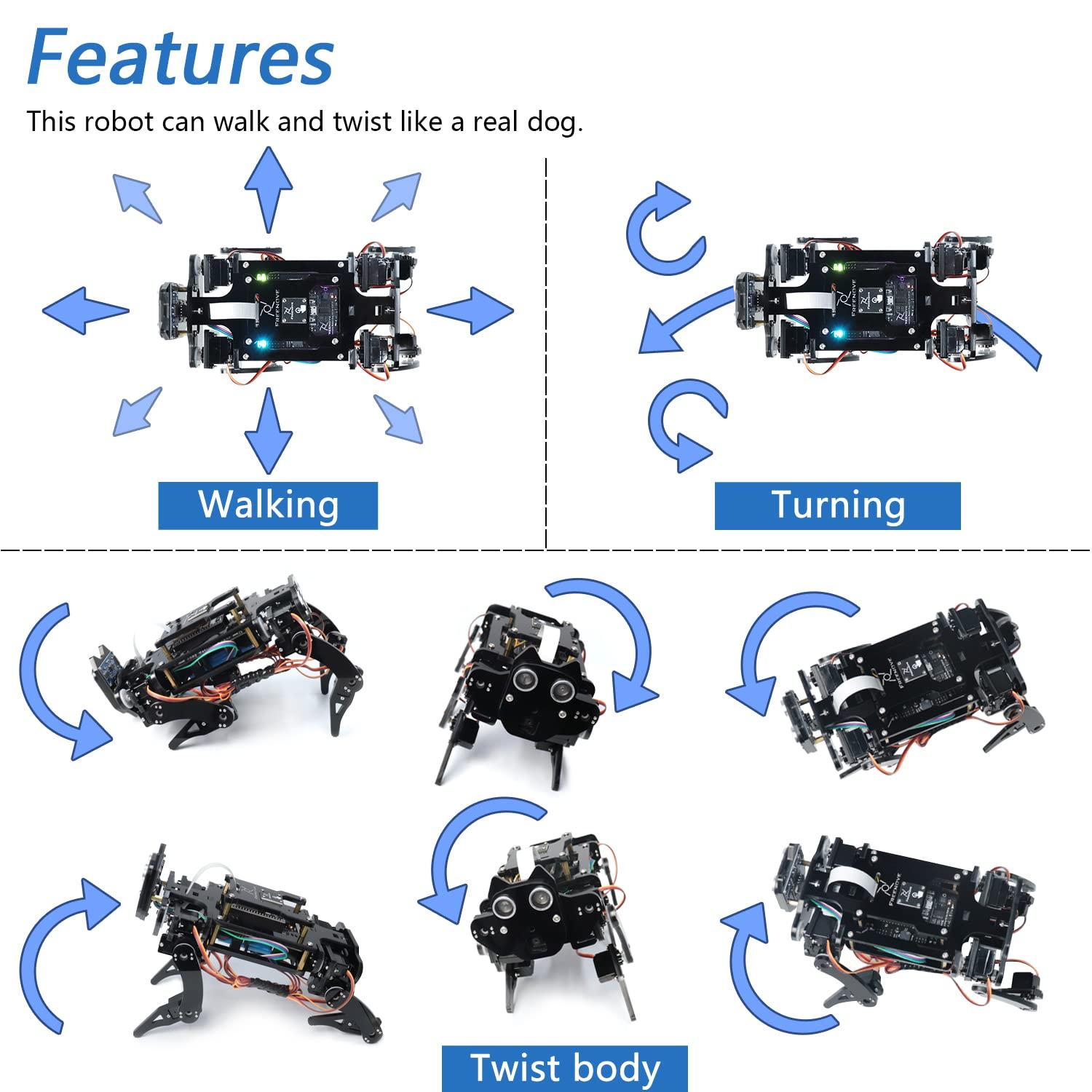 FREENOVE FREENOVE Robot Dog Kit for ESP32-WROVER CAM (Included), Dual-core 32-bit 240 MHz Microcontroller, Walking, Camera, Touch Sensor, Ultrasonic Ranging, Buzzer, RGB LED, Servo, App