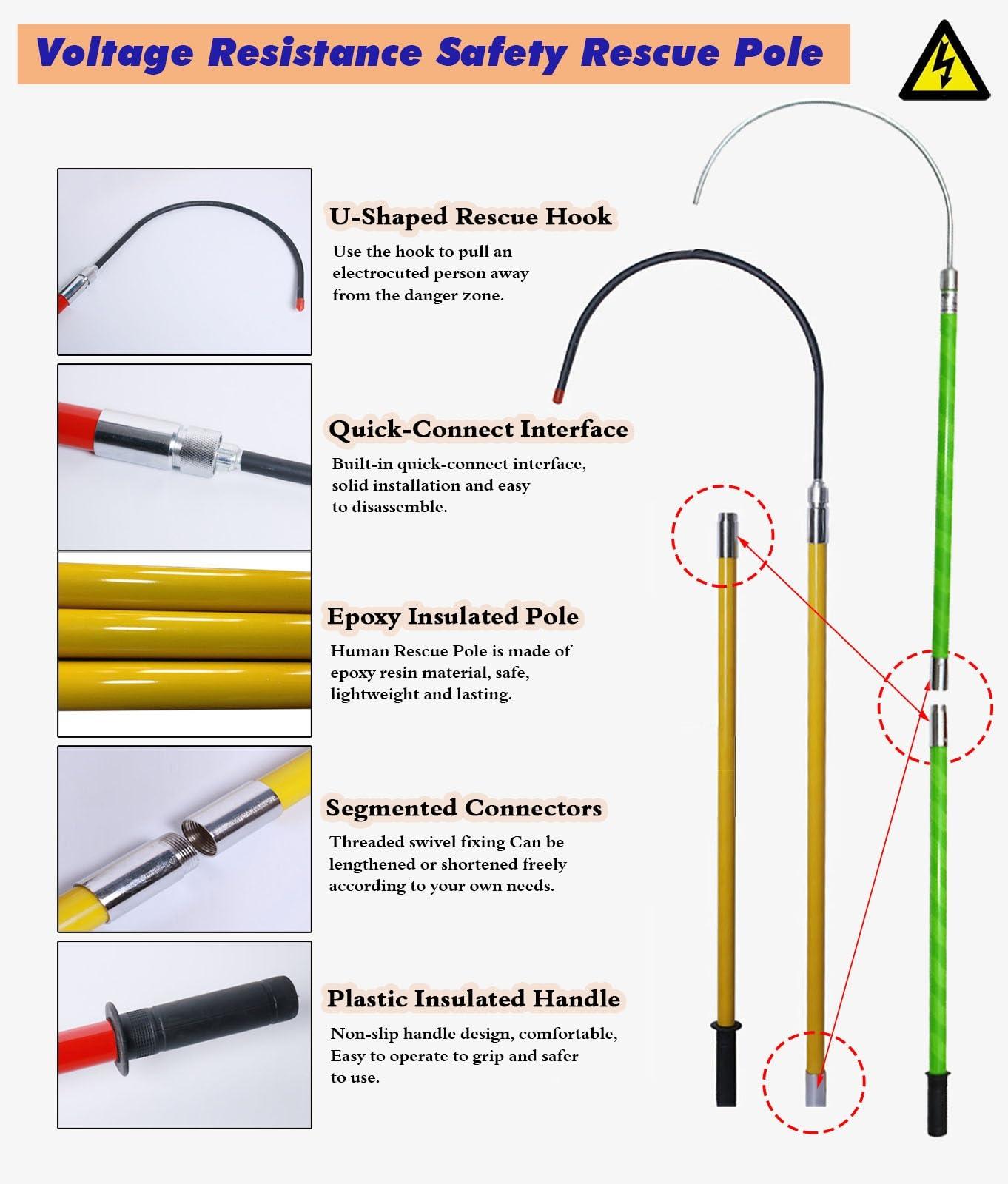 JYDQM Anti-electrocution Rescue Hook 3 5 Foot 6.5 10 Ft Electrical Safety Insulated Rescue Tools with Quick Plug Connector, High Voltage Life-Saving Pull Rod & Factory Rescue Hook, Anti-electrocution Rescue