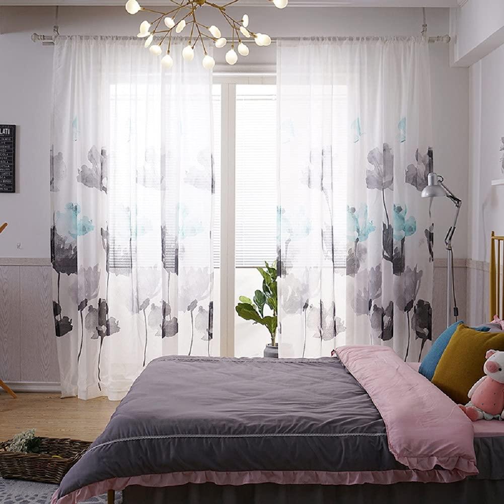 Iuokuby Iuokuby Semi Voile Sheer Curtains Chinese Watercolor Style Floral Pattern Basic Rod Pocket Top Floral Printed Drapes for Living Room Bedroom Kitchen Home Office