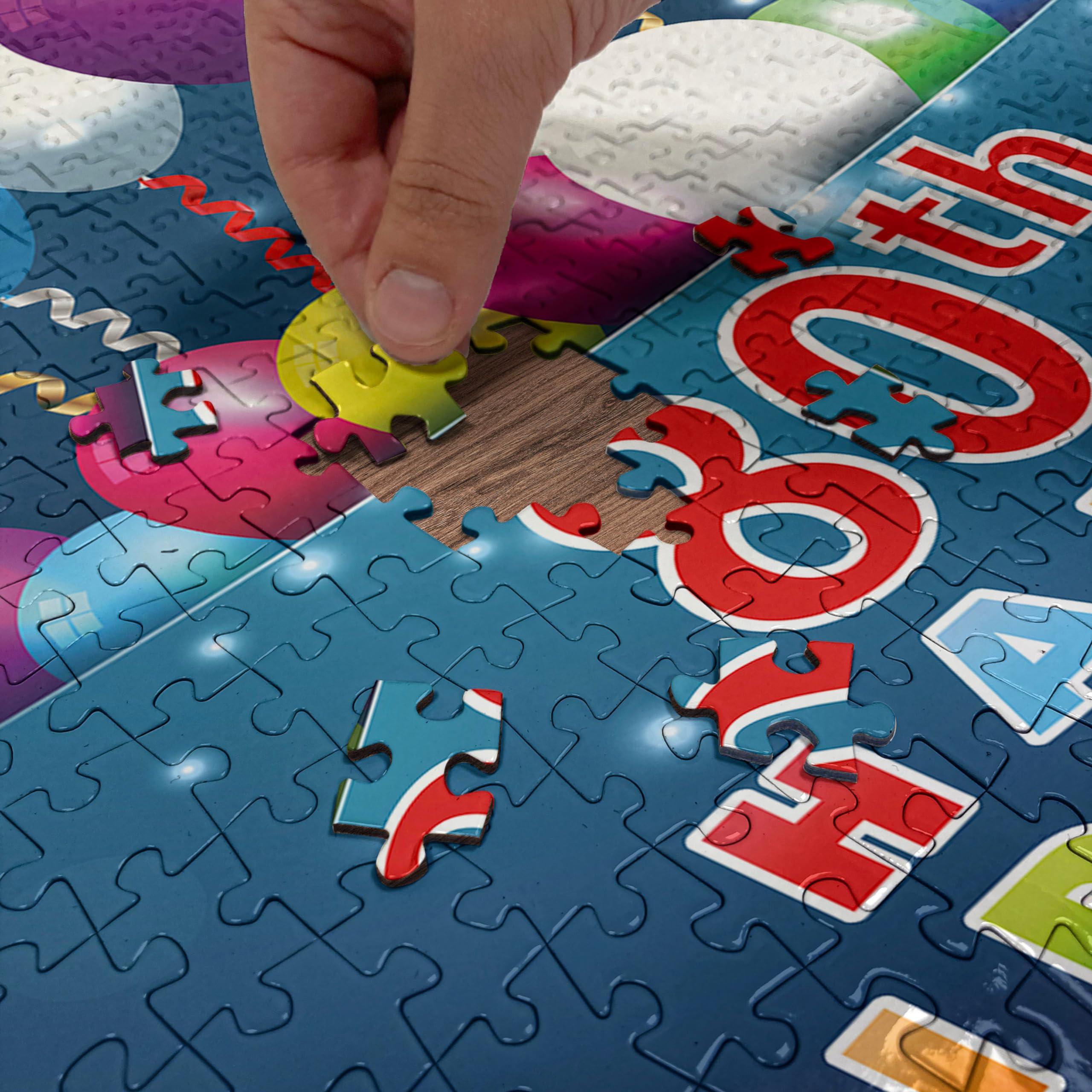 Ambesonne Ambesonne 80th Birthday Jigsaw Puzzle for Adults, Happy Birthday Words with Colorful Baloons on Blue Colored Backdrop Image, Heirloom-Quality Fun Activity Durable Cardboard, 1000 pcs, Sea Blue