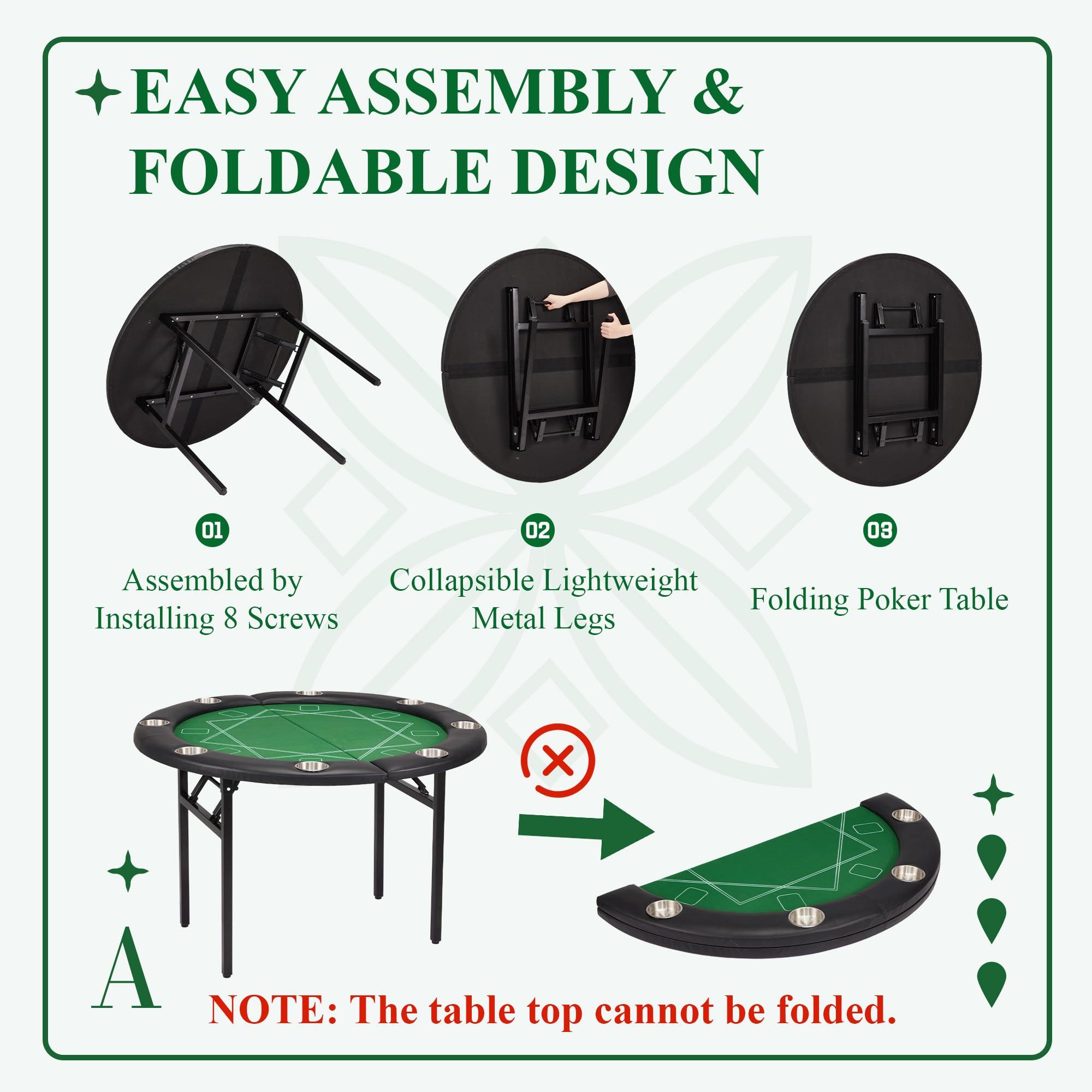 ECOTOUGE ECOTOUGE 8 Players Poker Table Foldable, Round Casino Texas Holdem Table with Stainless Steel Cup Holders & Faux Leather Padded Rails, Folding Gaming Table for Card Games, Green