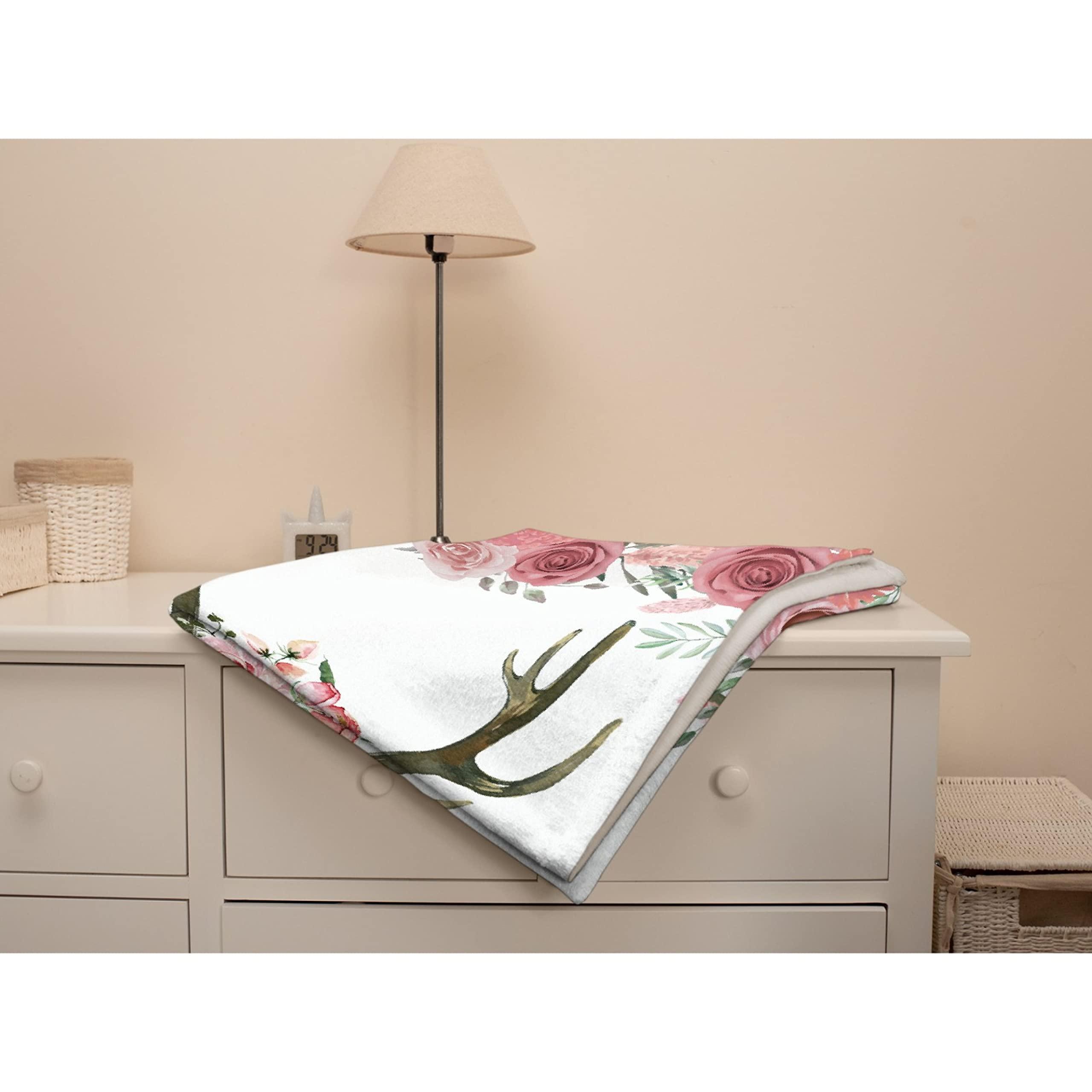 Bhaisajyaguru Personalized Custom Baby Blanket with Name Deer Horns Floral Pink Customized Fleece Blanket for Girls Boys Children Kid Baby Shower Birthday Gift for Daughter Granddaughter Niece 80"x60" for Adult