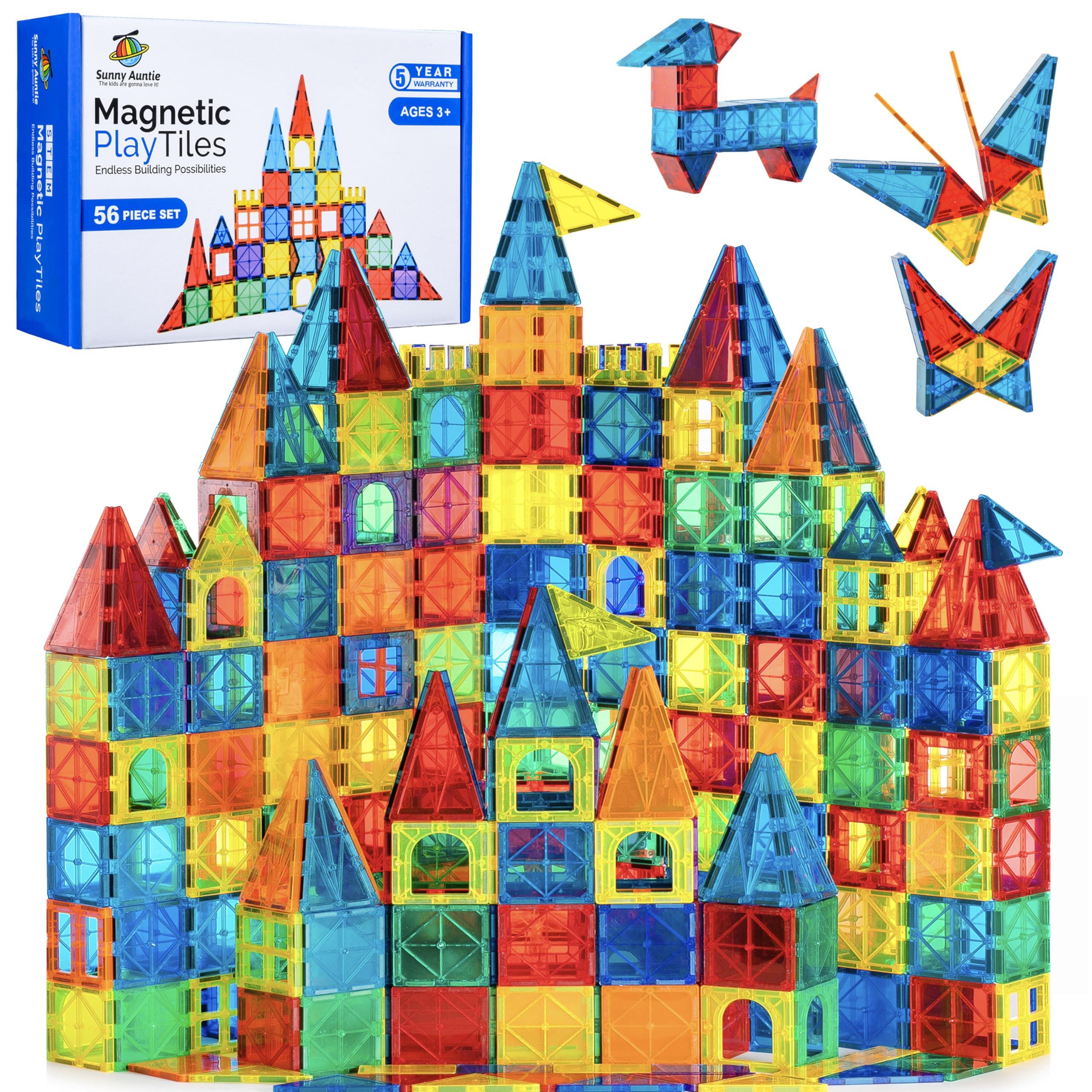 SUNNY AUNTIE Magnetic Tiles 56 PCS, Magnetic Tiles for Kids & Toddlers Ages 3-8, Magnetic Toy for 3 4 5 6 7 8 Year Old Boys Girls Kids & Toddlers Magnetic Blocks Building Set STEM Toy, Great Gift for Kids aged 3-8