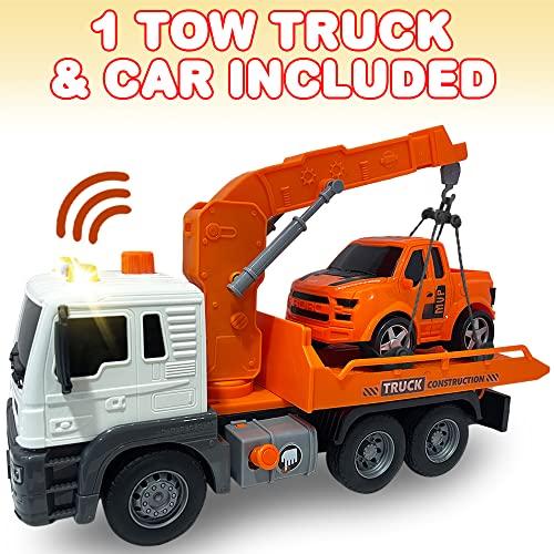 ArtCreativity ArtCreativity Light Up Tow Truck Toy, Scale Model Tow Truck with Movable Flat Bed, Lights, Sound, and Small Car Toy for Kids, Interactive Tow Truck Toys for Boys and Girls, for Ages 3 and Up