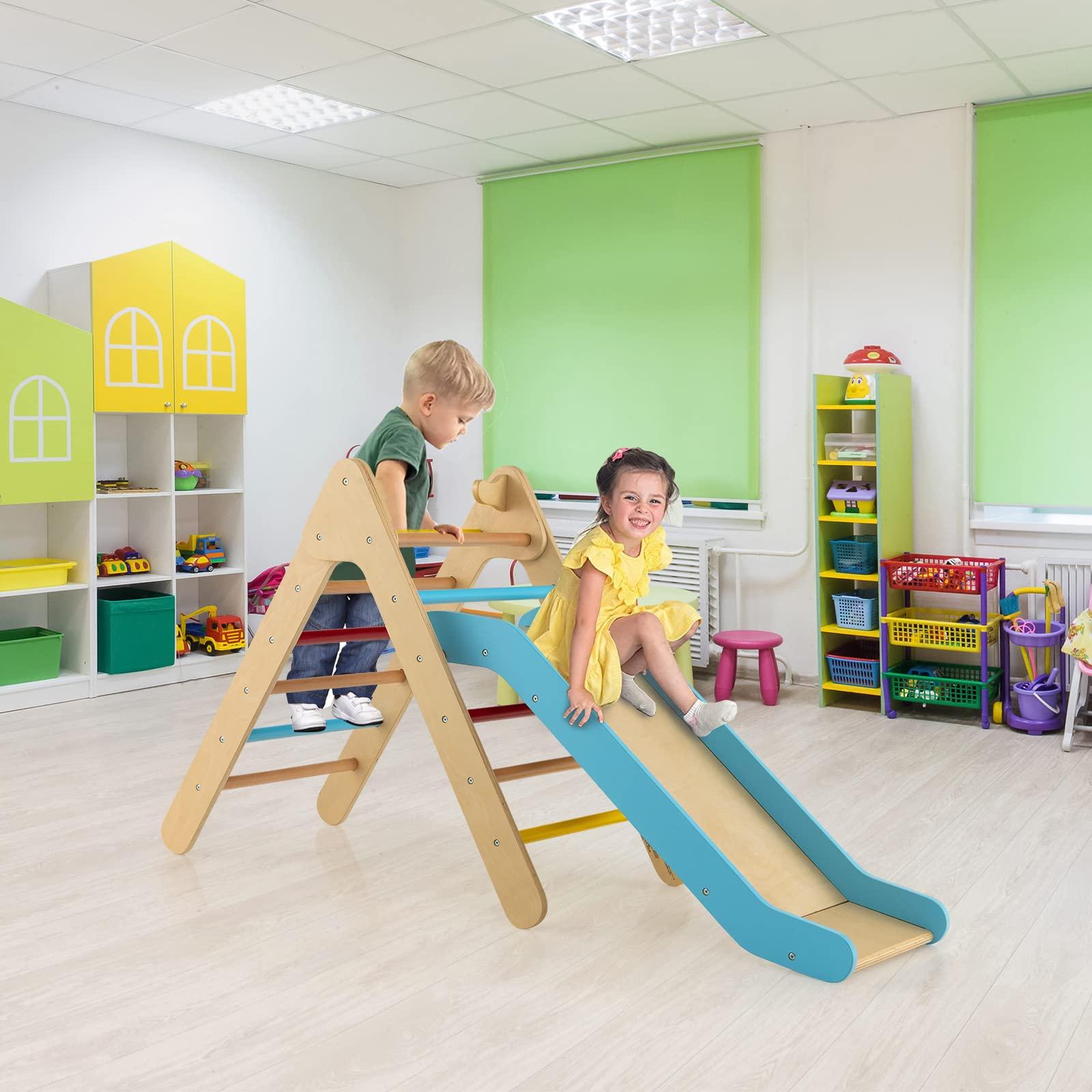 Olakids OLAKIDS Pikler Triangle Set 2 in 1 Climbing Toys for Toddlers Foldable Wood Montessori Baby Jungle Gym with Ladder Ramp Slide Kids Indoor Playground Activity Play Structure
