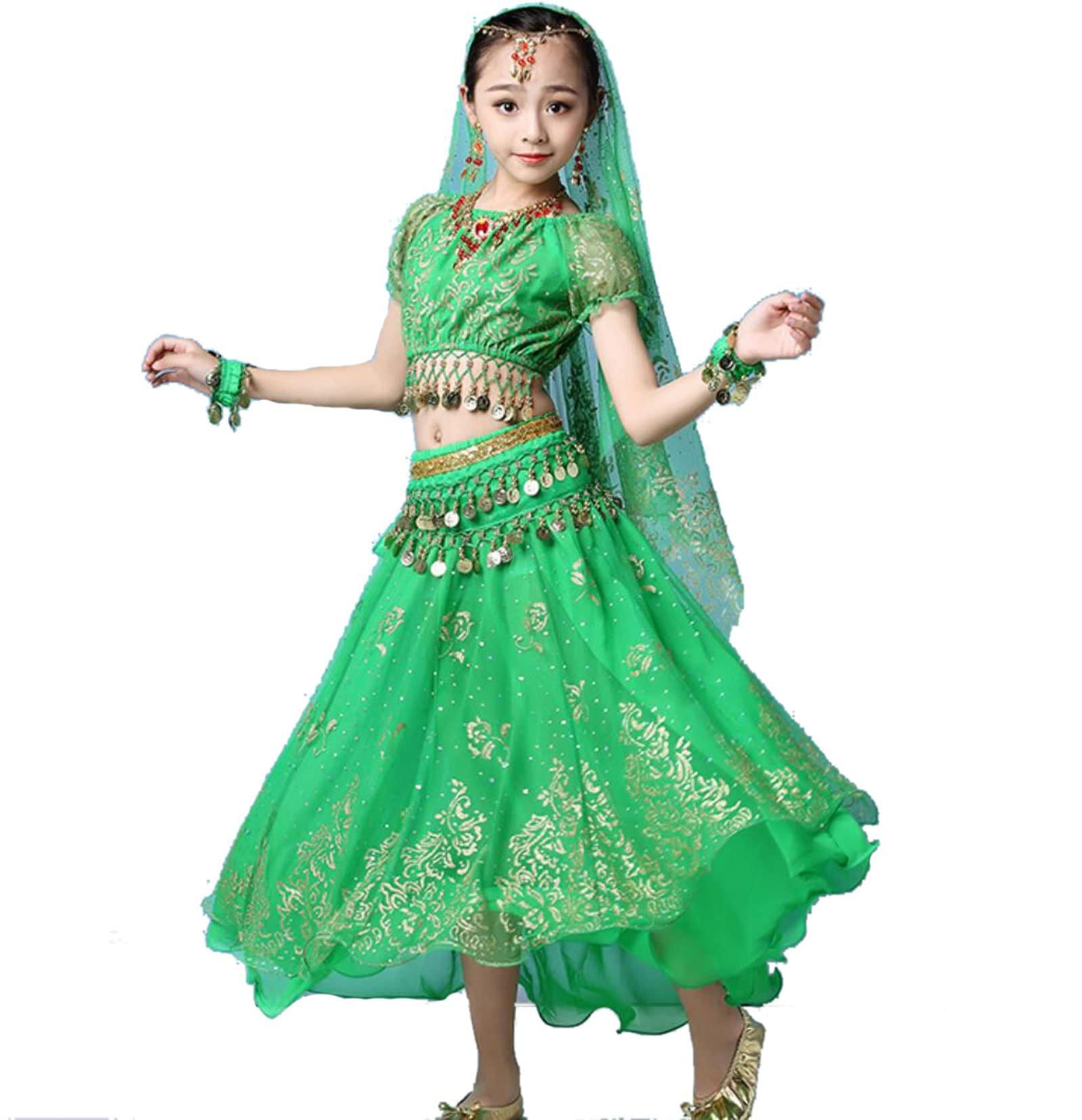 OTMYIGO OTMYIGO 5Pcs/Set Belly Dance Costume Set Oriental Costumes Girl Egypt Bollywood Indian Dancing Clothing India Dresse,Green,S