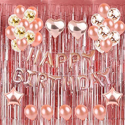 Geenber 49Pcs Rose Gold Party Decorations Set Including 20Pcs Rose Gold Latex Balloons,10Pcs Confetti Balloons,13Pcs Happy Birthday Banner Party Decor Kit, 4pcs Foil Balloons and 2Pcs Metallic Foil Curtains