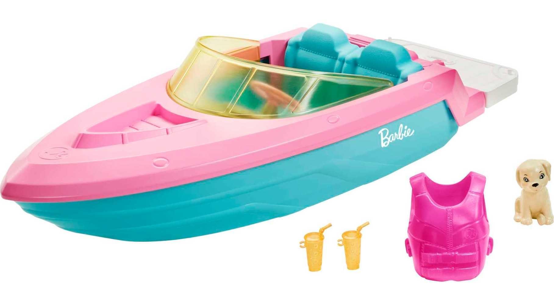 Barbie Barbie Toy Boat with Pet Puppy, Life Vest and Beverage Accessories, Fits 3 Dolls and Floats in Water
