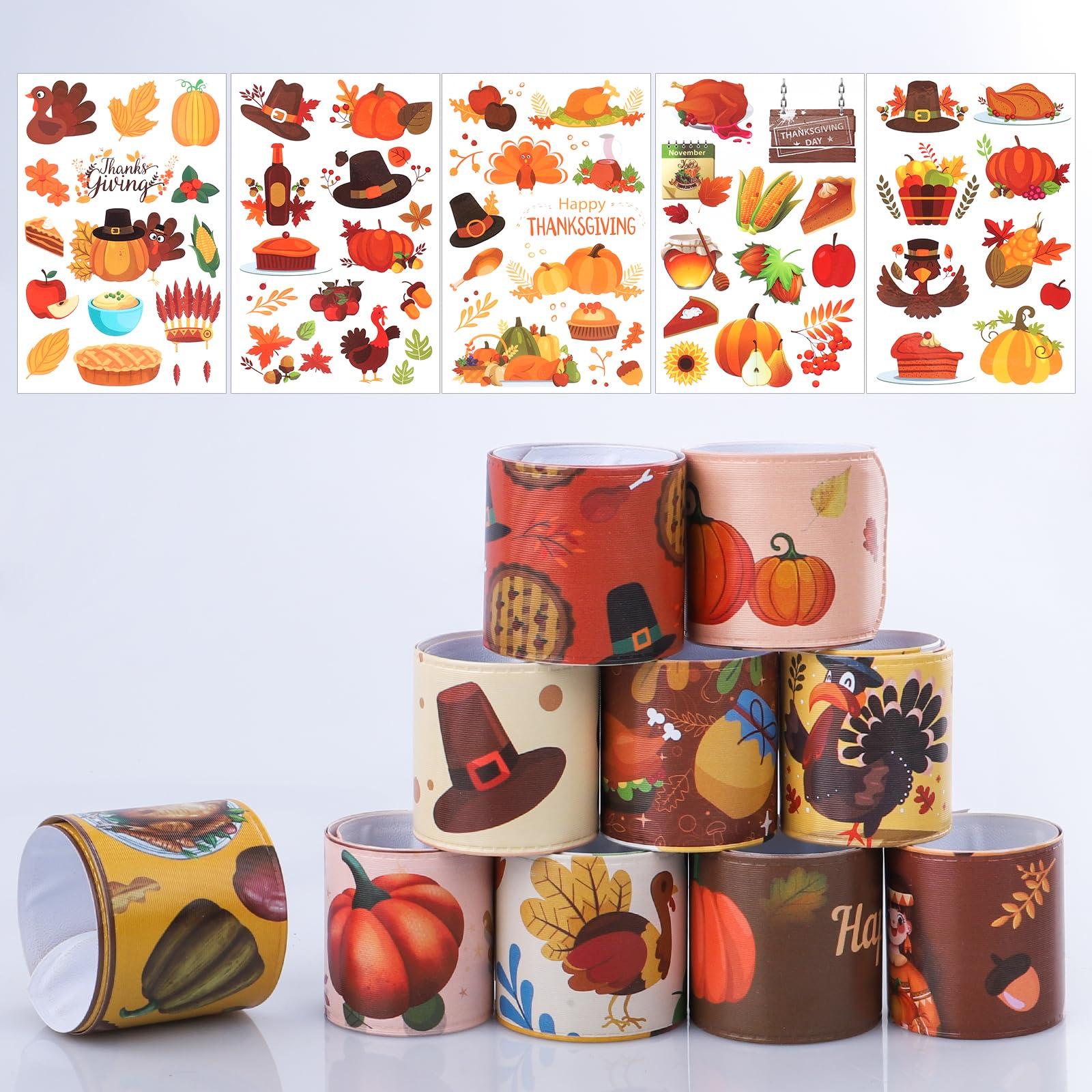 DoYoDoYa 40PCs Thanksgiving Slap Bracelets for Kids with Thanksgiving Tattoo, Turkey Pumpkin Autumn Maple Leaf Snap Band for Fall Party Favors Decor