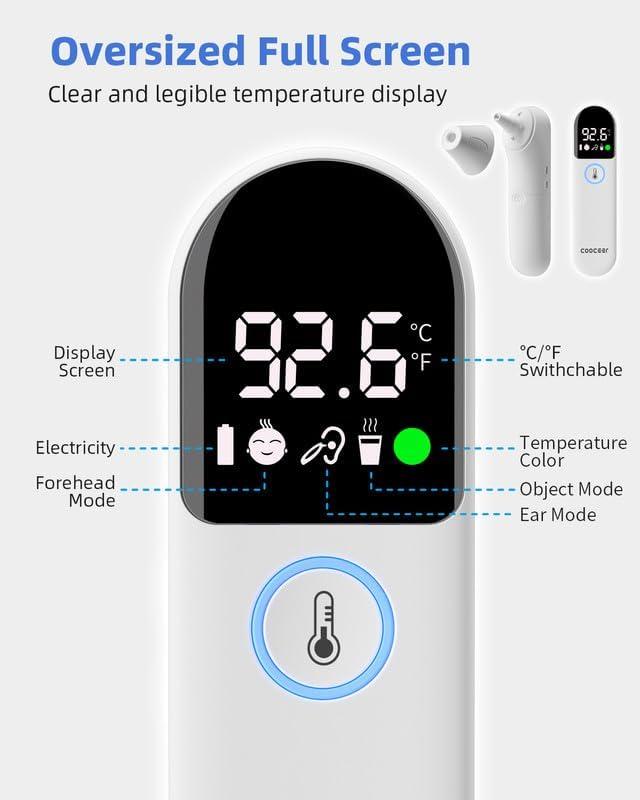 COOCEER COOCEER Digital Thermometer for Adults and Kids: Accurate Ear and Forehead Temperature Readings - Fever Alarm - Touchless Ideal for Babies Toddlers Infants Sensiors - Large LED Display - Home Use