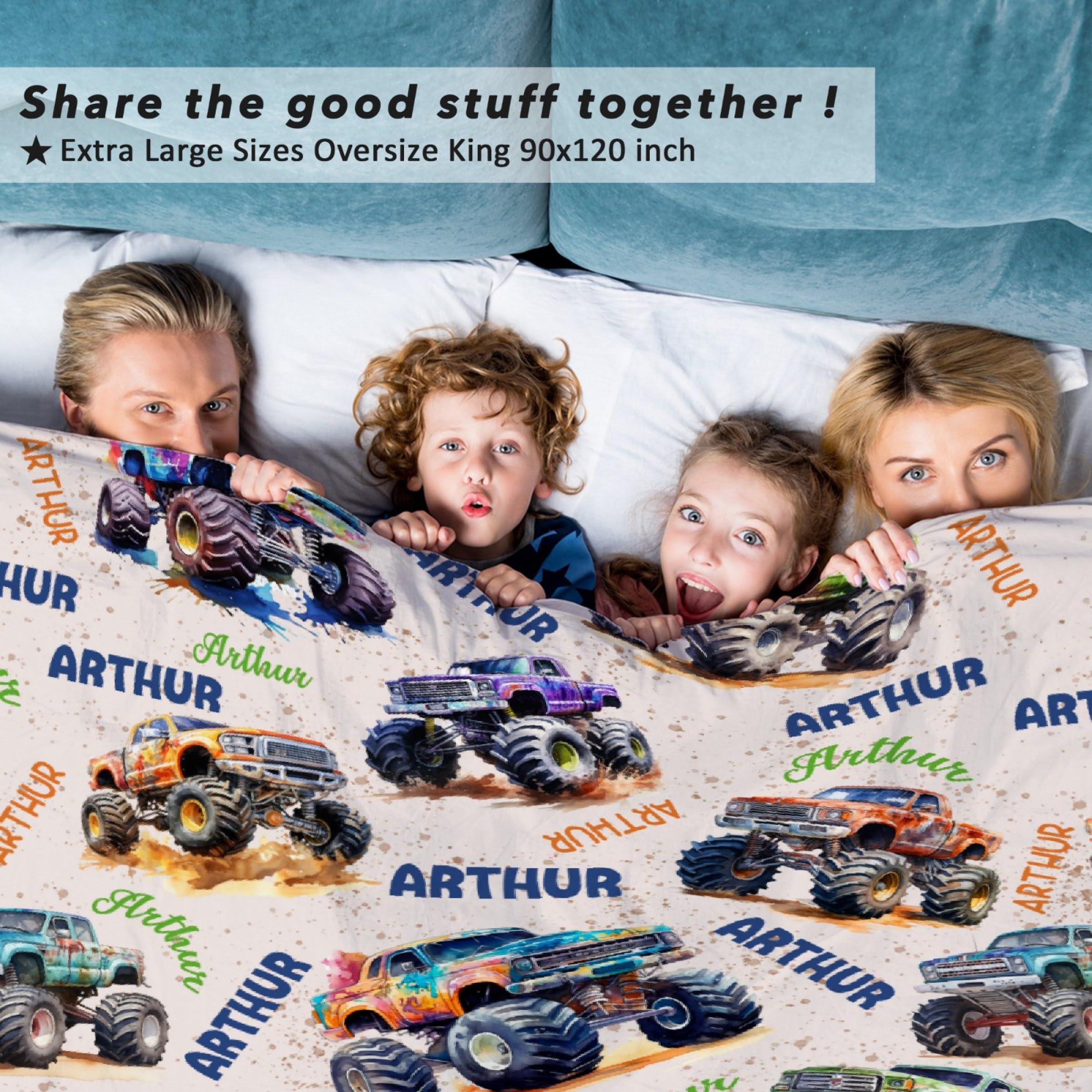 Todeyya Todeyya Personalized Mon-Ster Baby Blanket Gifts Custom Mon-Ster Trucks Toddler Blankets for Boys Mon-Ster Trucks Plush Throw Blanket, Trucks Bedding Room Decor for Boys 120"x90"