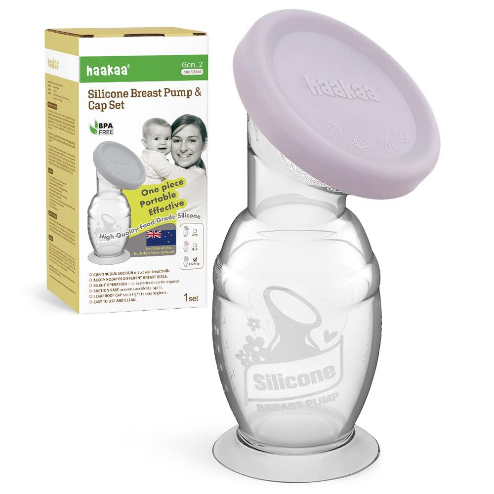 haakaa haakaa Manual Breast Pump & Silicone Cap Combo for Nursing Mom (Lavender, 5oz. with Base)