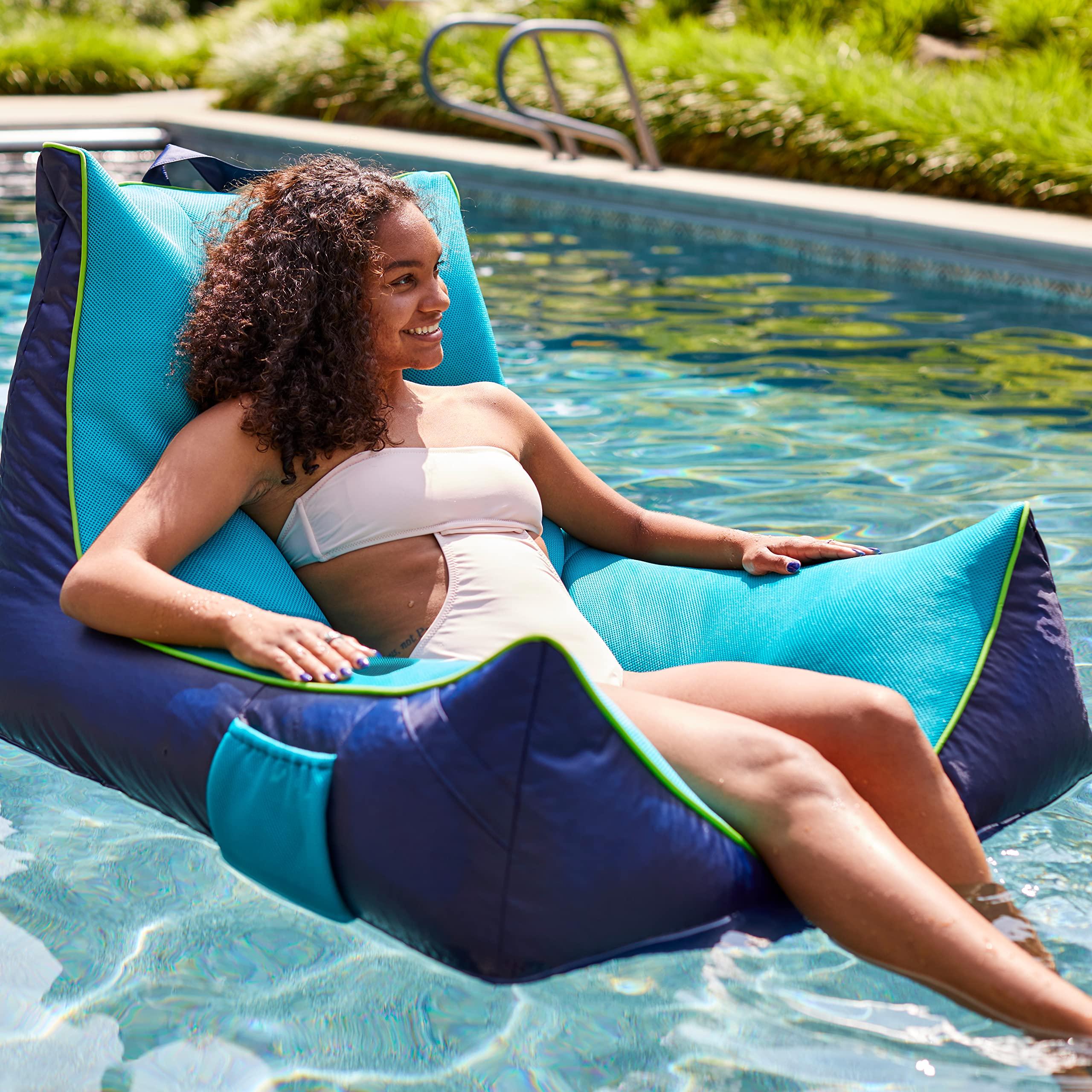Big Joe Big Joe Captain's Float No Inflation Needed Pool Lounger with Drink Holder, Navy/Aqua Mesh, Quick Draining Fabric, 3 feet