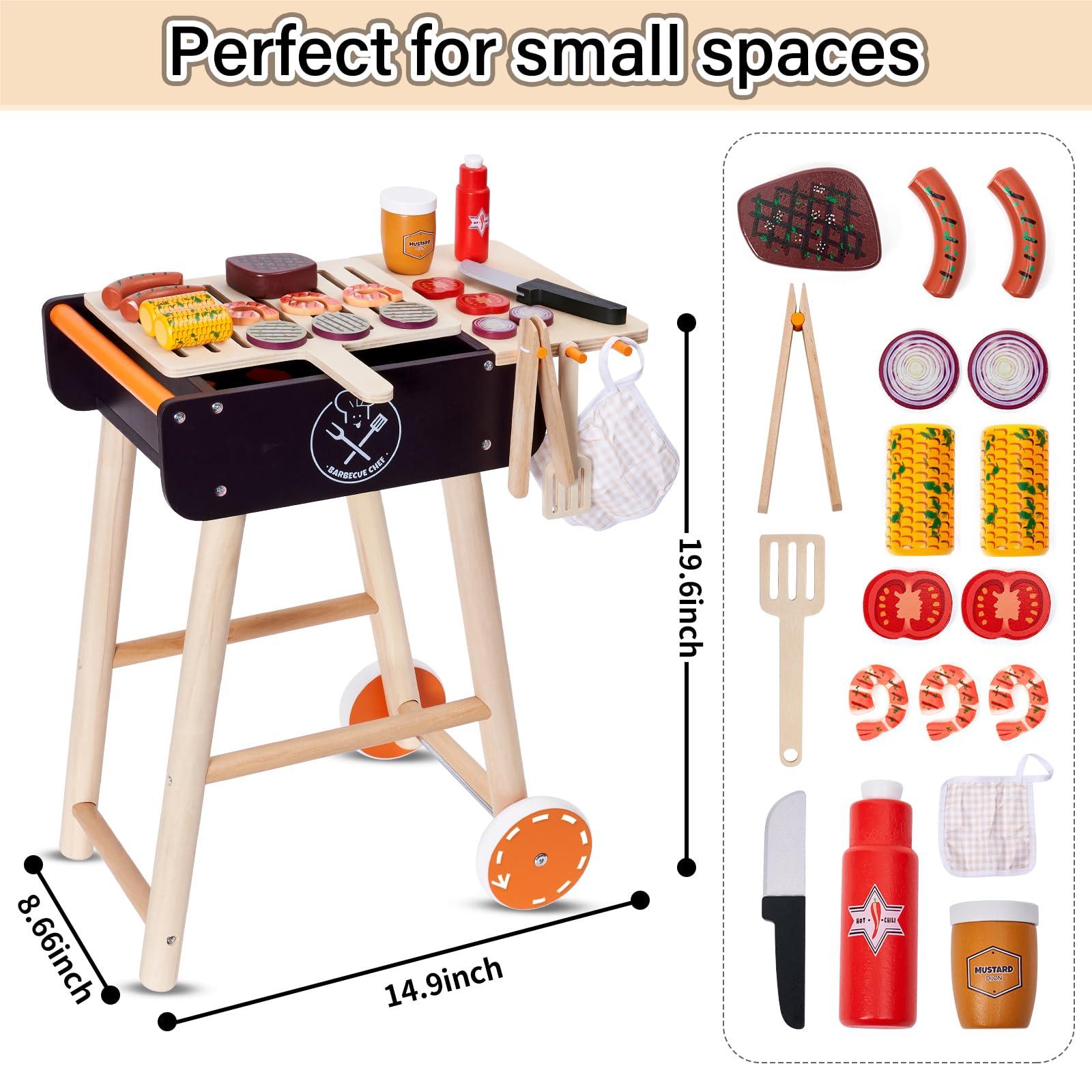 MerryPony MerryPony Wooden Play Barbecue Toy Grill, Kids BBQ Grill Playset with Play Food and Grilling Tools, Kids Cooking Sets, Outdoor Play Kitchen Set Kids, Pretend Play Kitchen Accessories Toddlers Age 3+