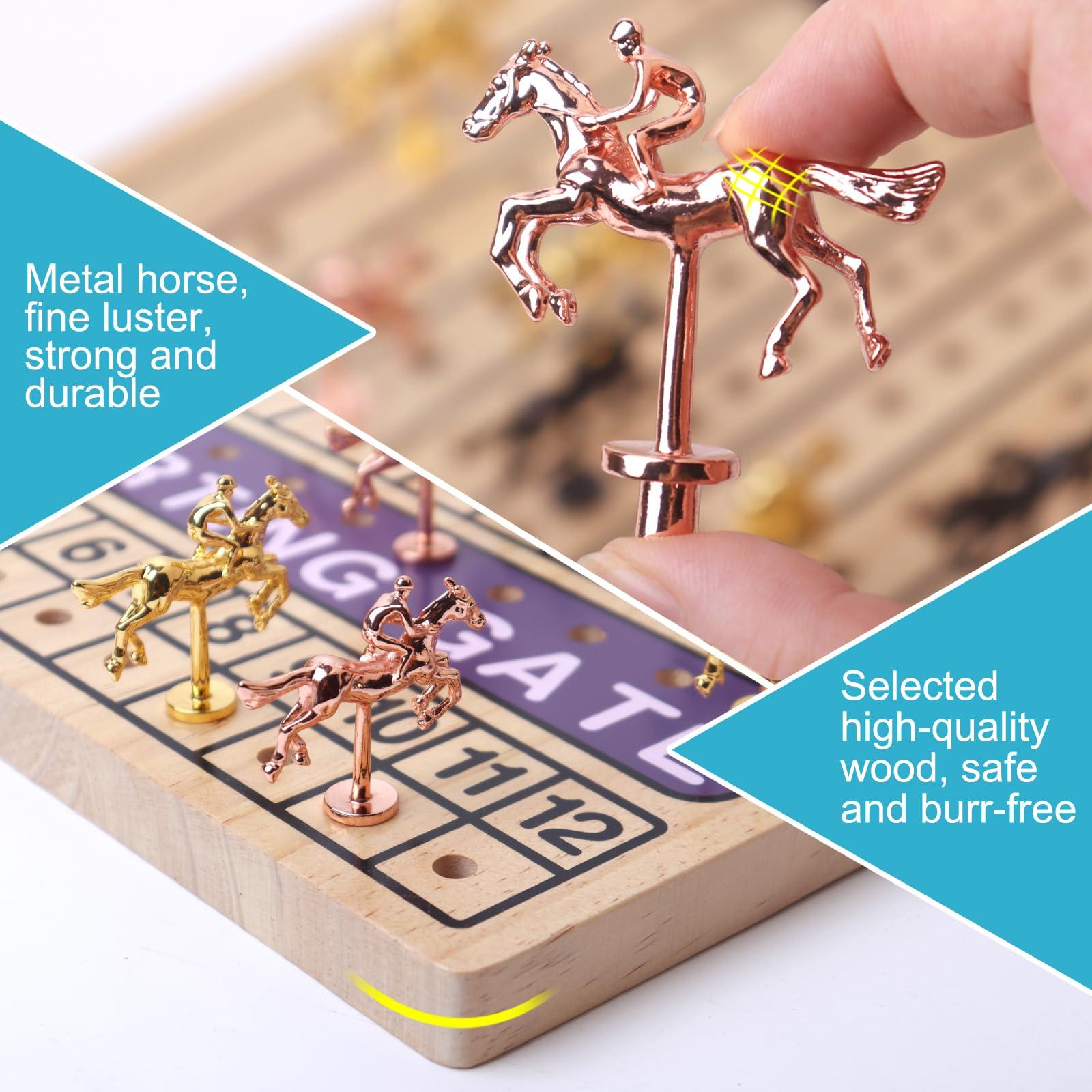 BESTAMTOY Horse Race Board Game Racing Game Thickened Solid Wood 11 Luxurious Durable Classic Metal Horses with 2 Dice and 1 Boxes of Cards Horse Racing Game