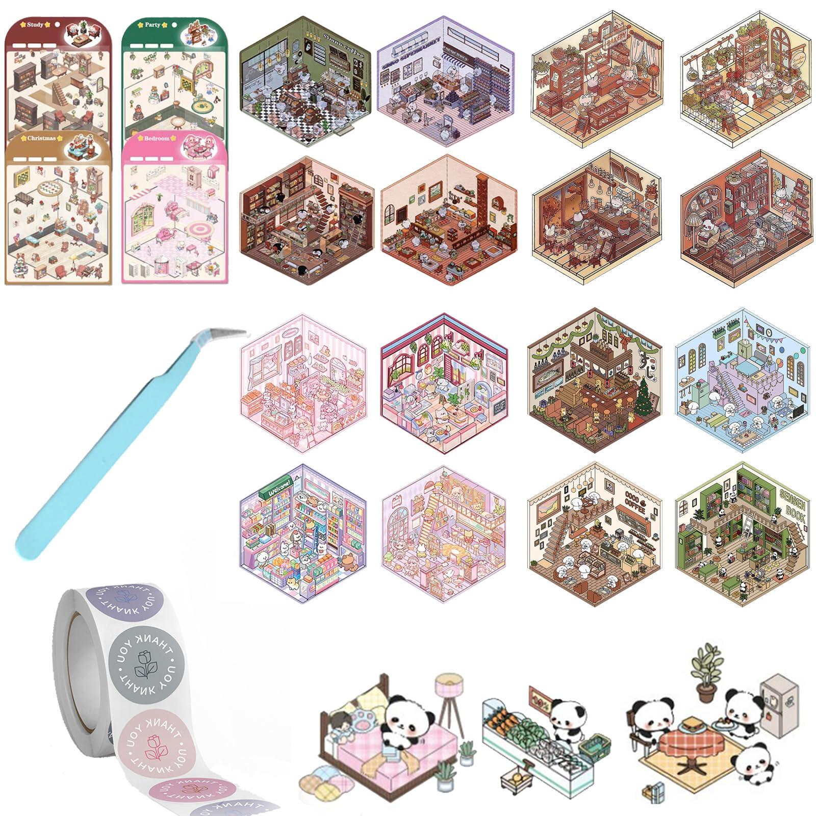 kunishi 3D Stickers - 2024 DIY 3D House Stickers Set, 3D Miniature Scene Stickers, Decorative Room Sticker Book, Funny Cute Korean Cartoon Stacking Scene Stickers for Adult Kids Pass The Time (5sets -B#)