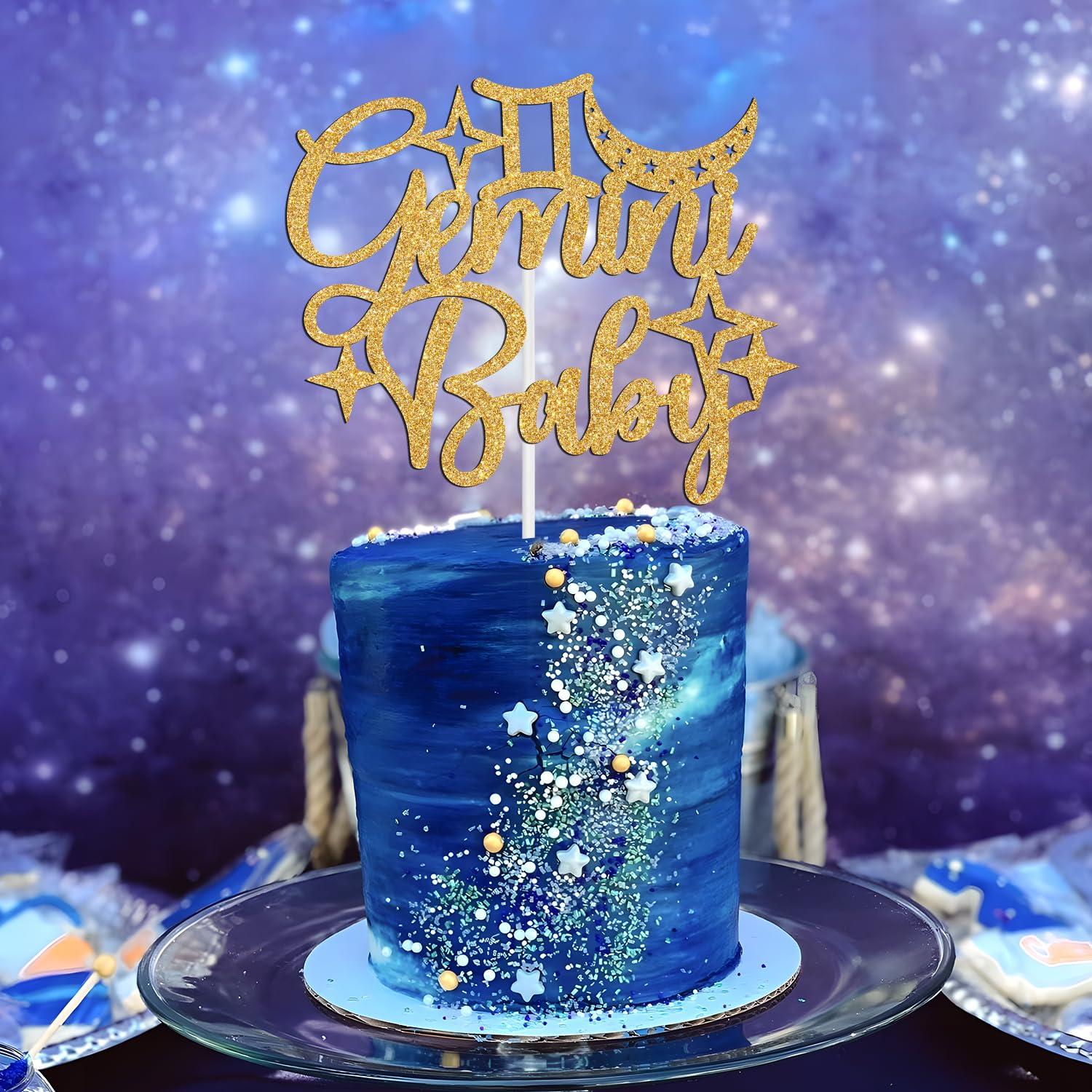 Tivurcia Gemini Baby Birthday Cake Topper - 12 Zodiac Gemini Season/Welcome Baby, Horoscope, Astrology Birthday/Baby Shower Party Decorations Supplies, Gold Glitter