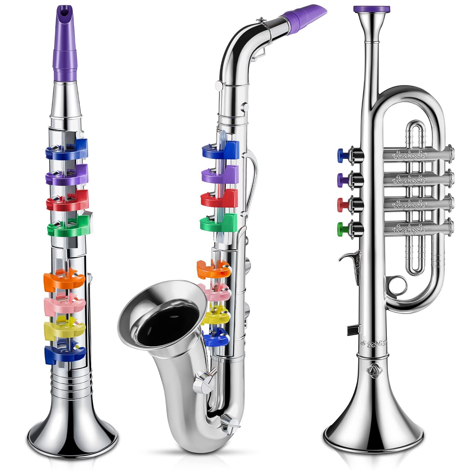Lewtemi Lewtemi Set of 3 Saxophone for Kids Musical Instruments Toy Saxophone Toy Trumpet and Clarinet with 8 Colored Coded Keys Teaching Songs Gifts for Toddlers Children(Silver)