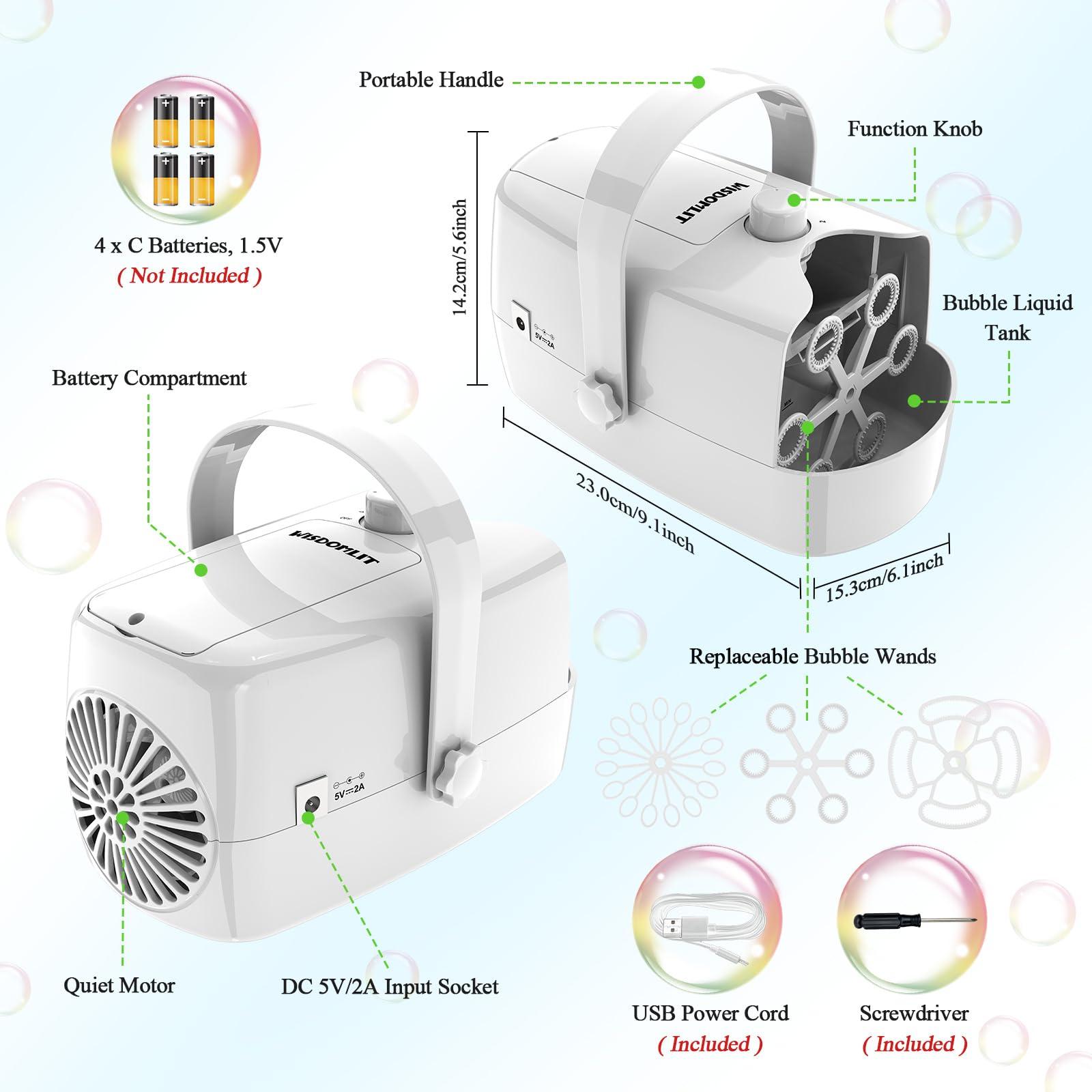 Wisdomlit Bubble Machine, Automatic Bubble Blower, 8000+ Big Bubbles Per Minute, Bubble Maker for Kids Toddlers, Operated by Plug-in or Batteries, Bubble Toys for Indoor Outdoor Birthday Party