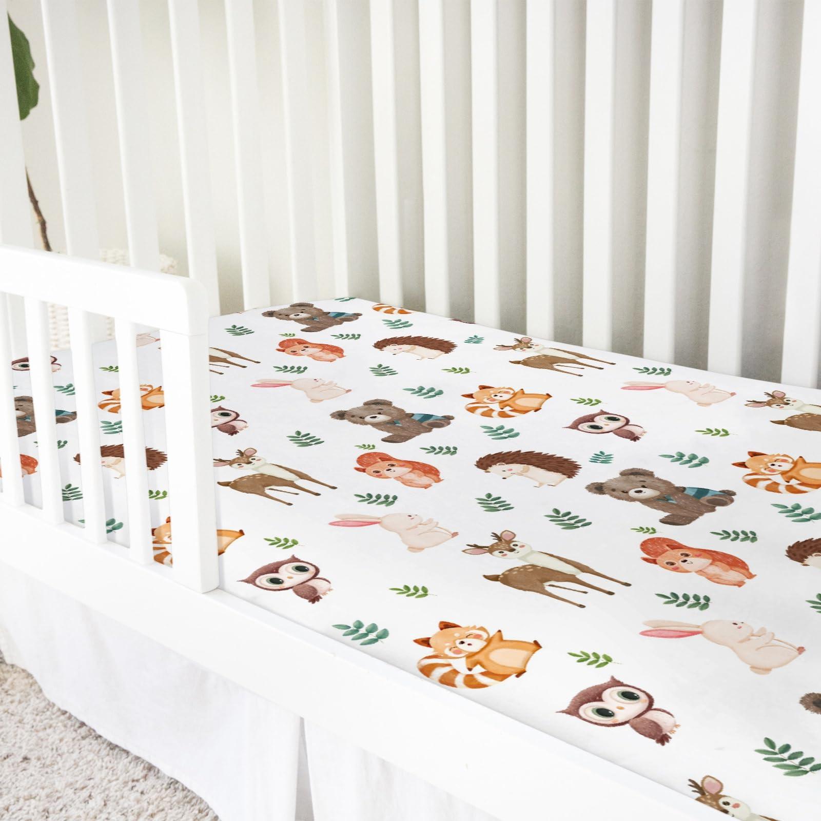 Hwmmbh Cute Woodland Animals Leaves Baby Crib Sheet 52''x28'' Bear Raccoon Squirrel Deer Rabbit Hedgehog Owl Fitted Crib Cover for Boy Girl Nursery Crib Sheet for Standard Size Crib Toddler Mattress