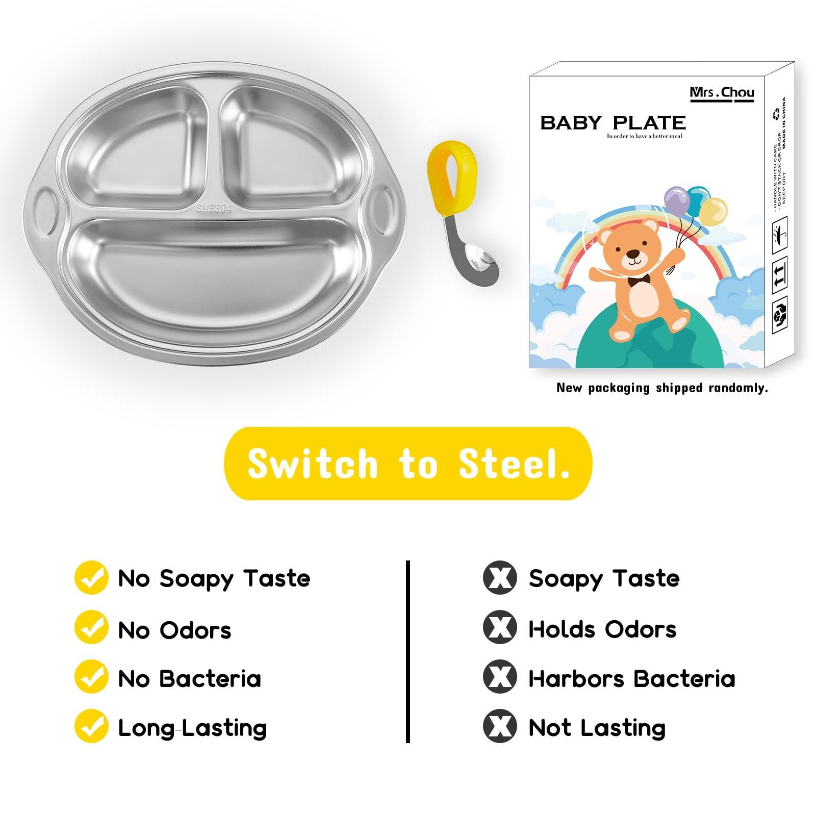 Mrs. Chou Stainless Steel Baby Suction Plates: Divided Plates Designed for Babies and Toddlers, Made of 100% Food-Grade Materials Ideal for Baby-Led Weaning BPA-Free Toddler Feeding Dishwasher Safe Yellow