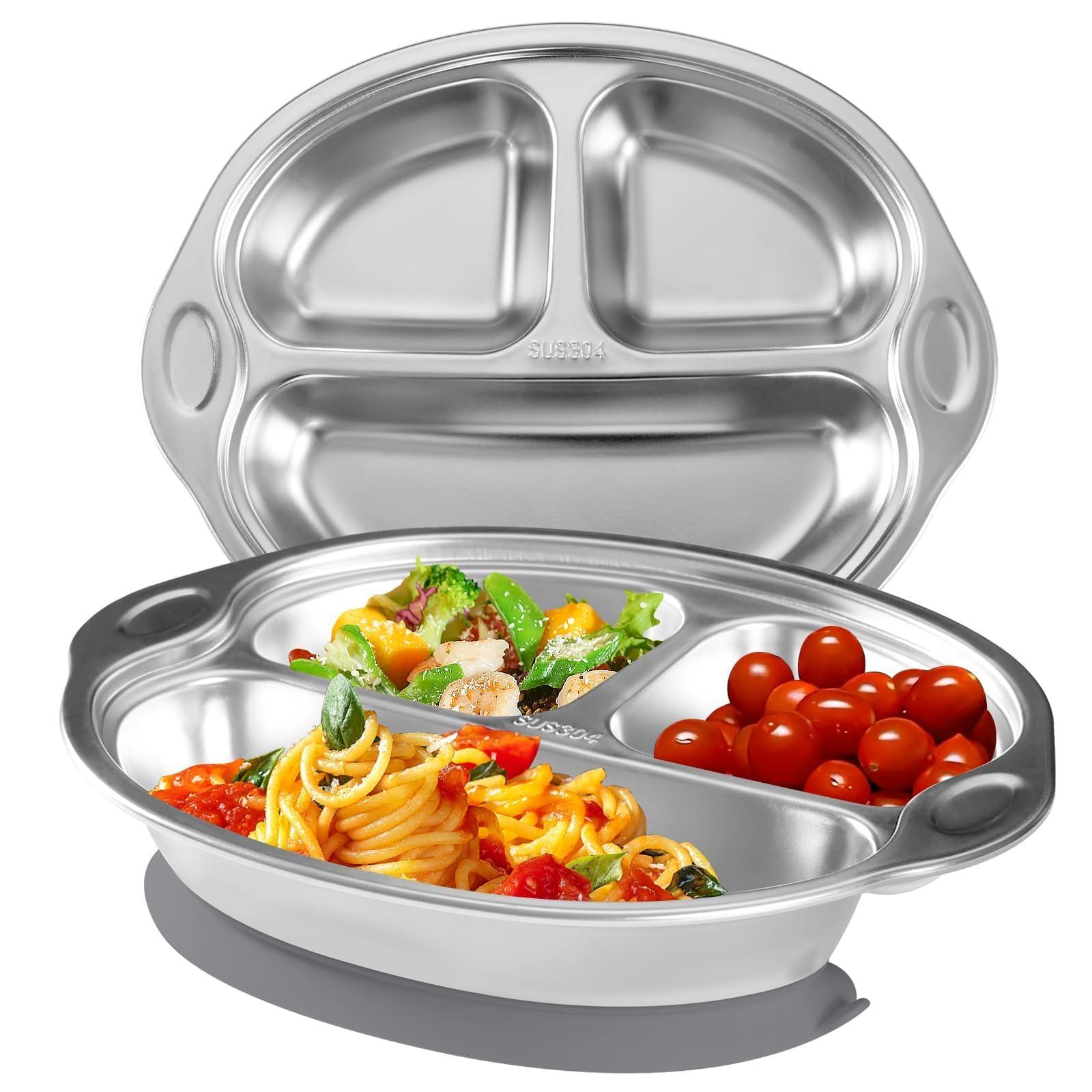 Mrs. Chou Stainless Steel Baby Suction Plates: Divided Plates Designed for Babies and Toddlers, Made of 100% Food-Grade Materials Ideal for Baby-Led Weaning BPA-Free Toddler Feeding Dishwasher Safe Gray