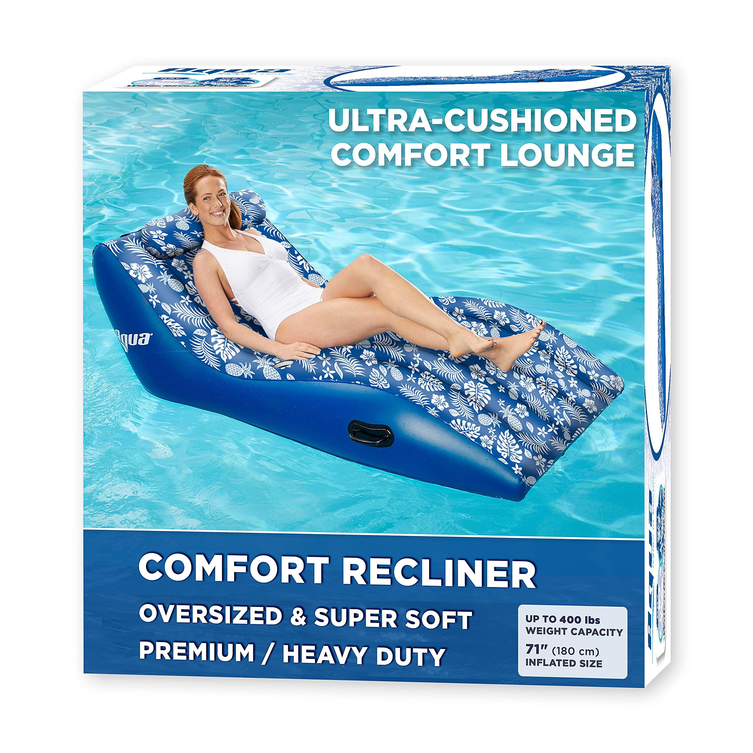 Aqua LEISURE Aqua Ultra-Comfort Floating Pool Chair & Lake Raft with Pillow 1-Person Heavy Duty Pool Float, Lake Floating Chair Blue Pineapple Hibiscus