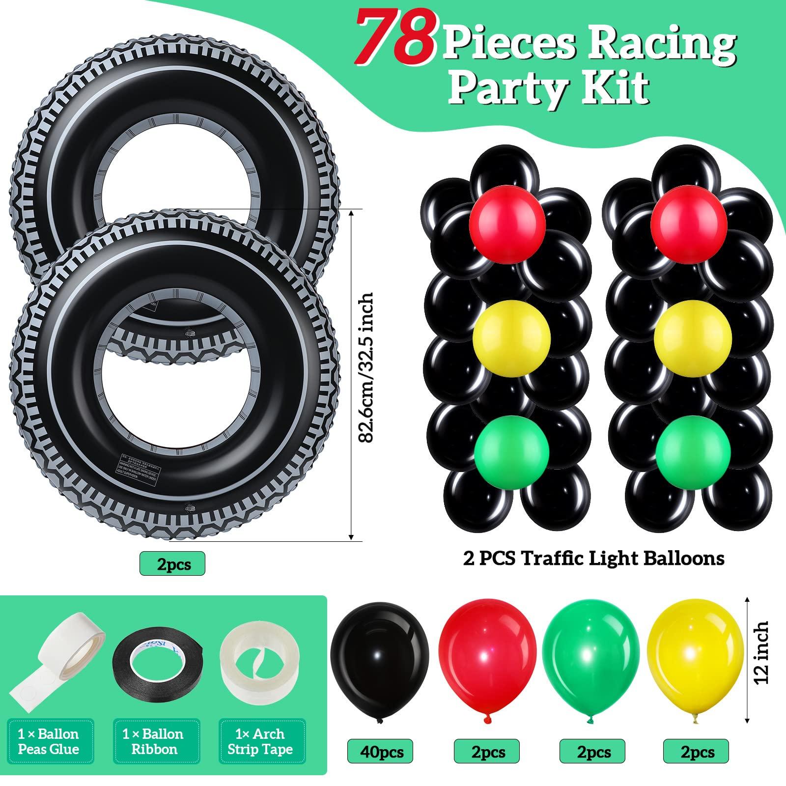 Woanger 78 Pcs Race Car Birthday Party Decor Include 46 Traffic Light Balloons, 12 Traffic Cones, 12 Checkered Flag, 2 Pennant Banner, 2 Tire Swimming Ring, 1 Track Running Mat, and 3 Assembly Accessories