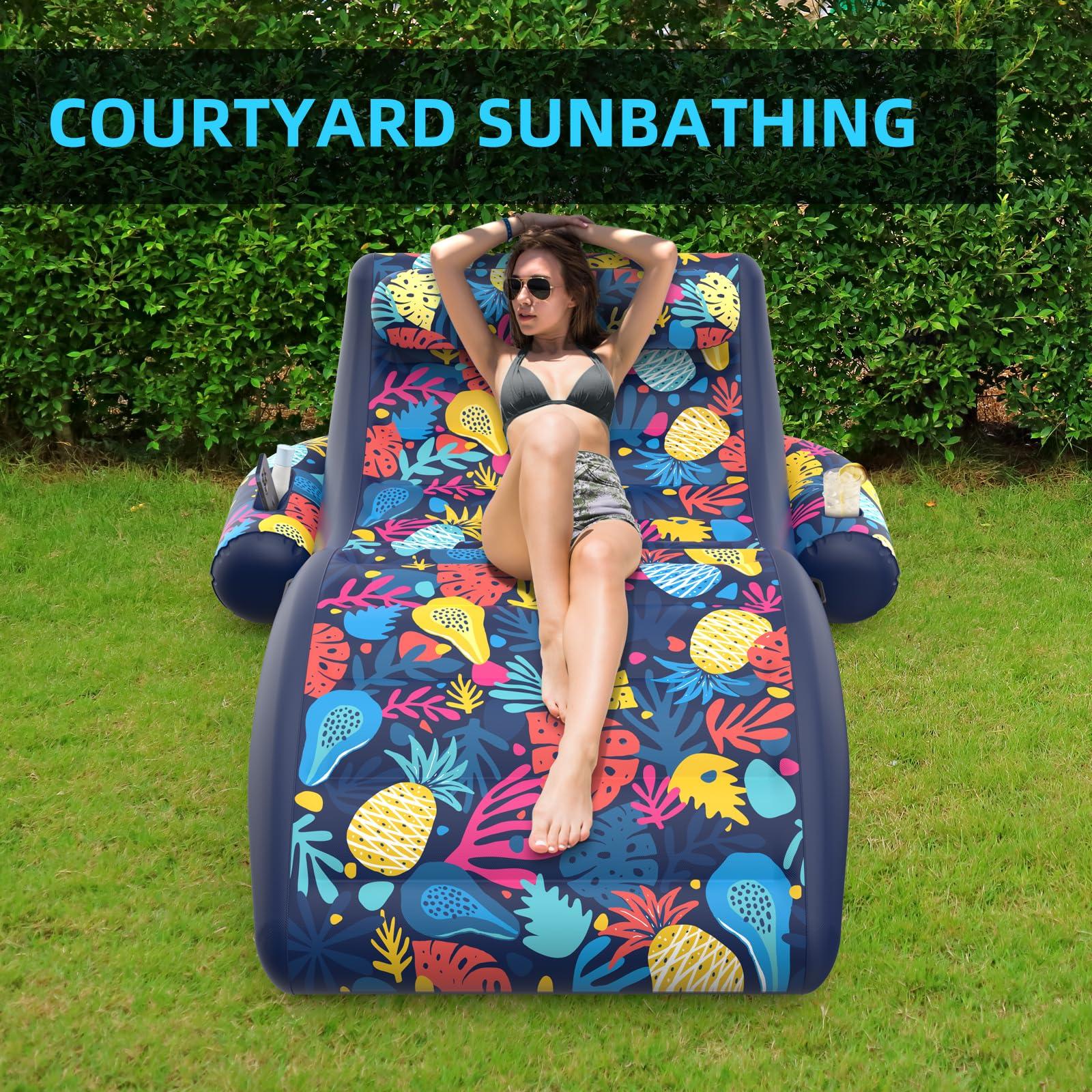 Sunikko X Sunikko X 2-in-1 Pool Floats, Inflatable Pool Floats Adult Lounge Chair with Cup Holder Tanning Pool Float, Heavy Duty Water Float Raft for Pool Floating with Pillow, Hawaii Style