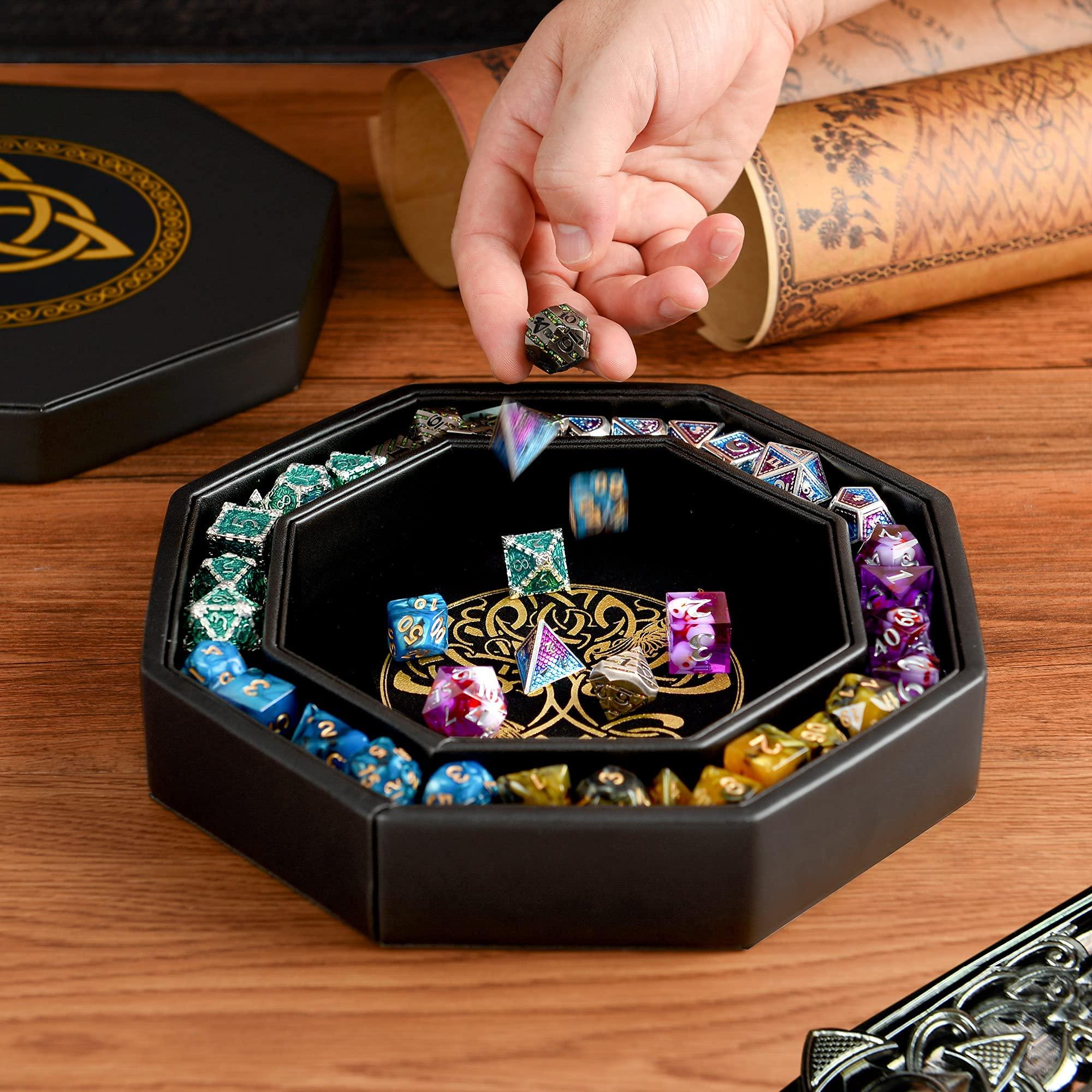 Soar Forge DND Dice Tray - Premium 8 Inch Tray Dungeons and Dragons - Exquisitely Detailed Gold World Tree & Triquetra Design - Perfect Rolling & Box Storage to Protect Your Dice for D&D and RPG