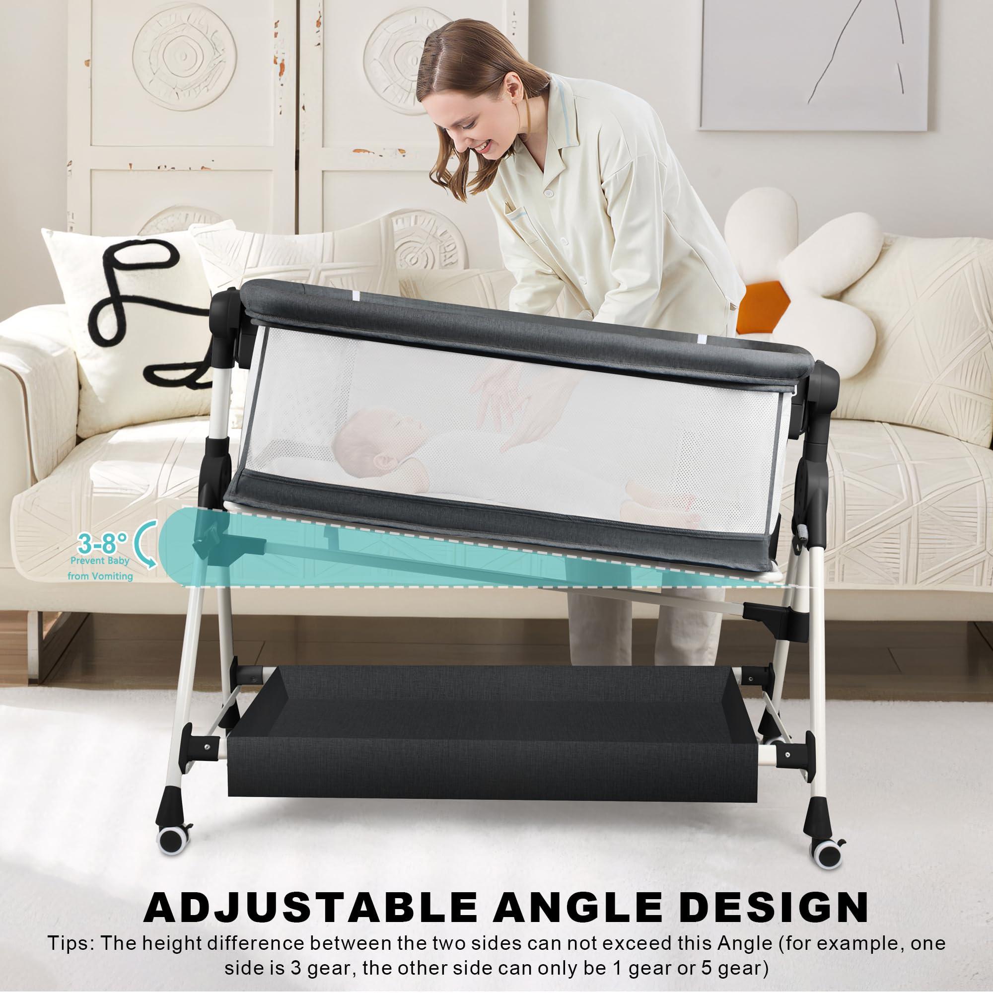 VOOI VOOI Baby Bassinet Bedside Sleeper, 3 in 1 Rocking Bassinet for Baby, Bassinet Bedside Sleeper with Wheels, Adjustable Height, Storage Basket, Mattress & Canopy, Bed Side Bassinet for Newborn