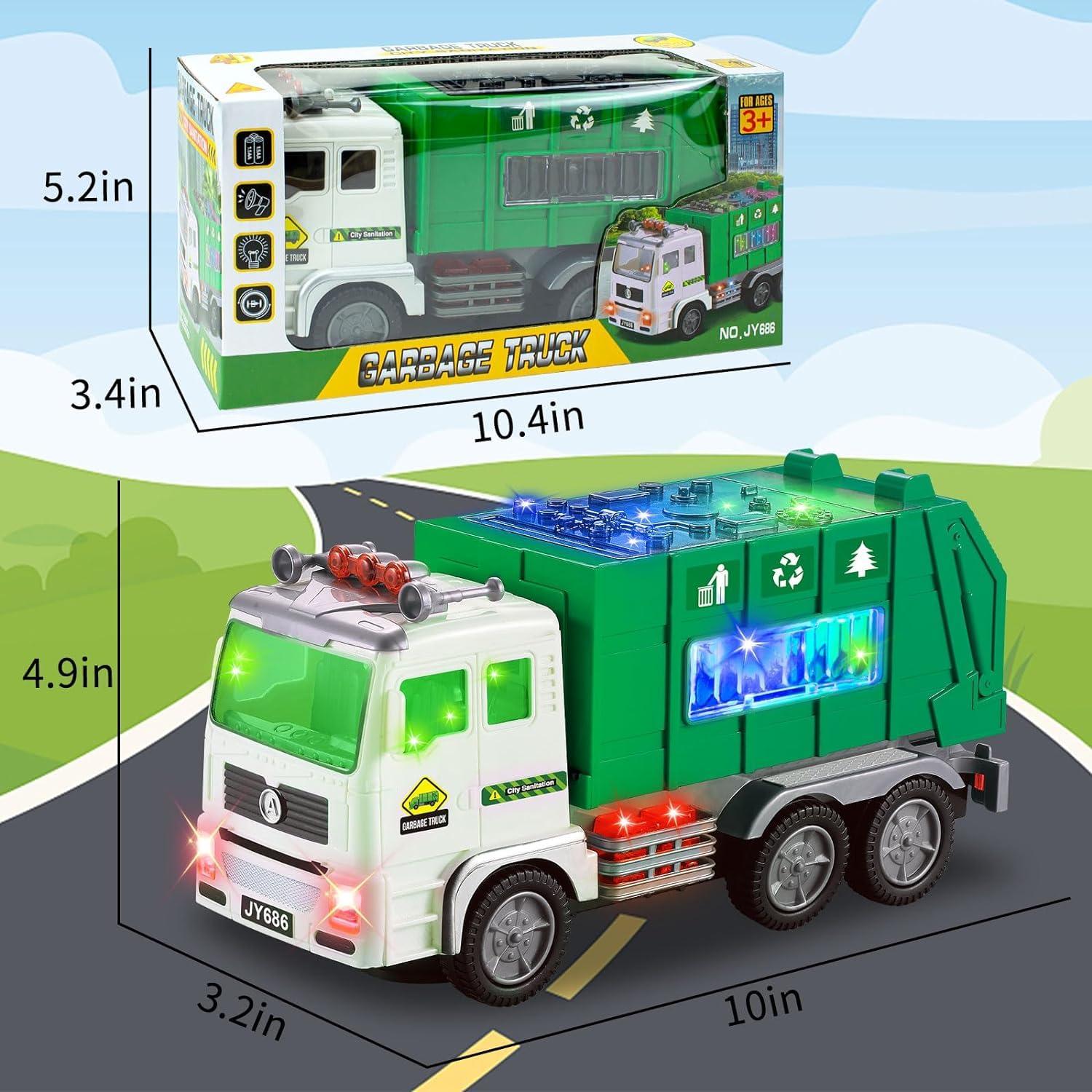 Ynanimery Toy Garbage Truck & Fire Truck & Construction Excavator Toys & Container Truck Toy Cars for Toddlers Boys 1-3 4-7 Birthday Gifts, Truck Car Toys with 4D Lights & Music- Automatic Bump Go Garbage Truck