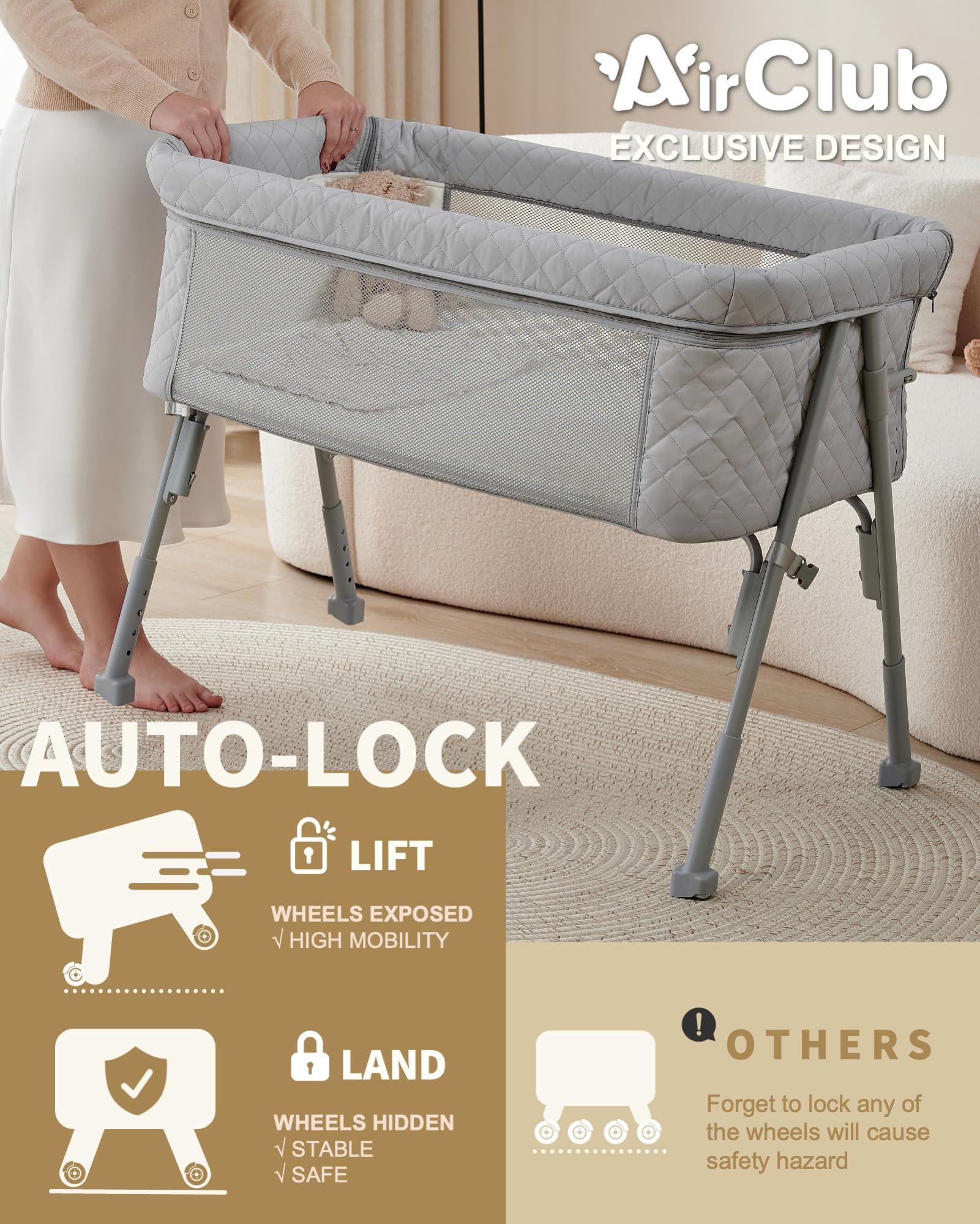 AirClub AirClub Bassinet Bedside Sleeper, Baby Bassinet Crib for Newborn, Bedside Crib Sleeper with Wheels Breathable Mesh