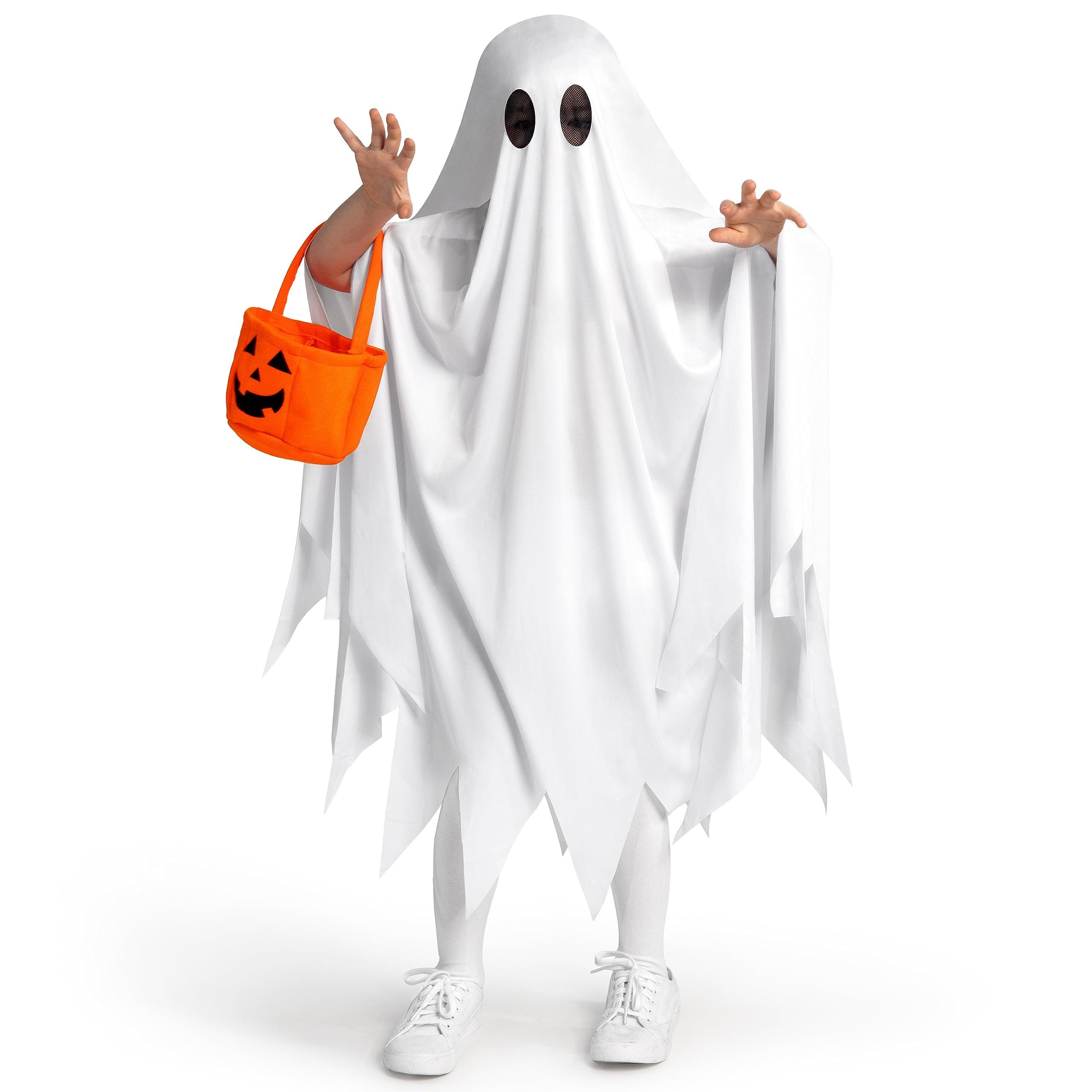 Spooktacular Creations Spooktacular Creations Kids Ghost Costume, Halloween Ghost Costume, White Silent Ghost Costume with Pumpkin Bag for Boys, Girls Halloween Dress Up, Role Play-S