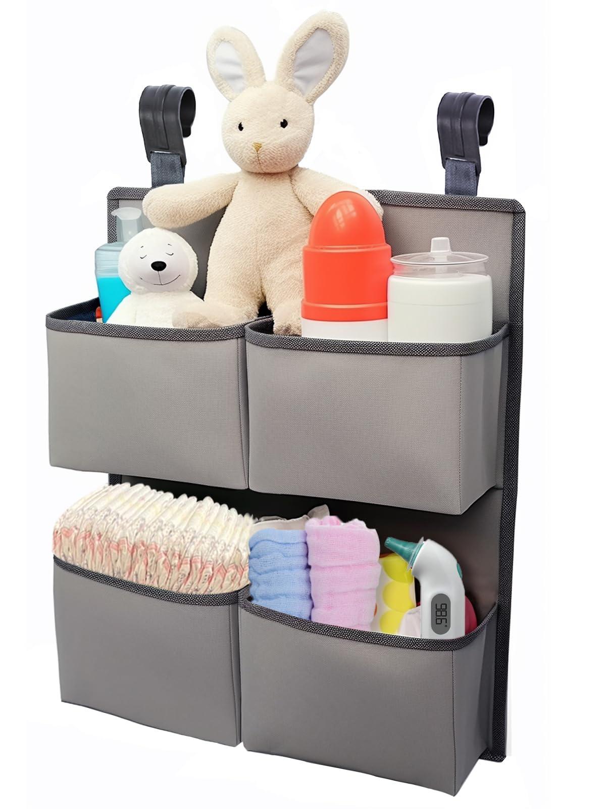 KIKJOK KIKJOK Hanging Diaper Organizer for Crib/Playpen/Bassinet Hold 80+ Diapers - 4 Deep Pockets-H19in x L15 in Changing Table Diaper Holder - Hanging Diaper Stacker Nursery Caddy Organizer - Grey
