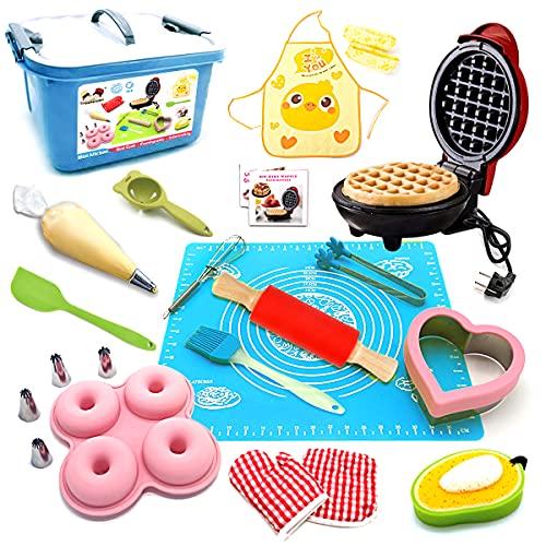 Kids Junior Tiny Real Easy Bake Kitchen Set and Cook Kit - 15 Pc. Mini Waffle Maker, Chef, Apron, Oven Mitt, Recipes - Easy Baking Real Food Utensils Gift for Boys and Girls Ages Blue image-1