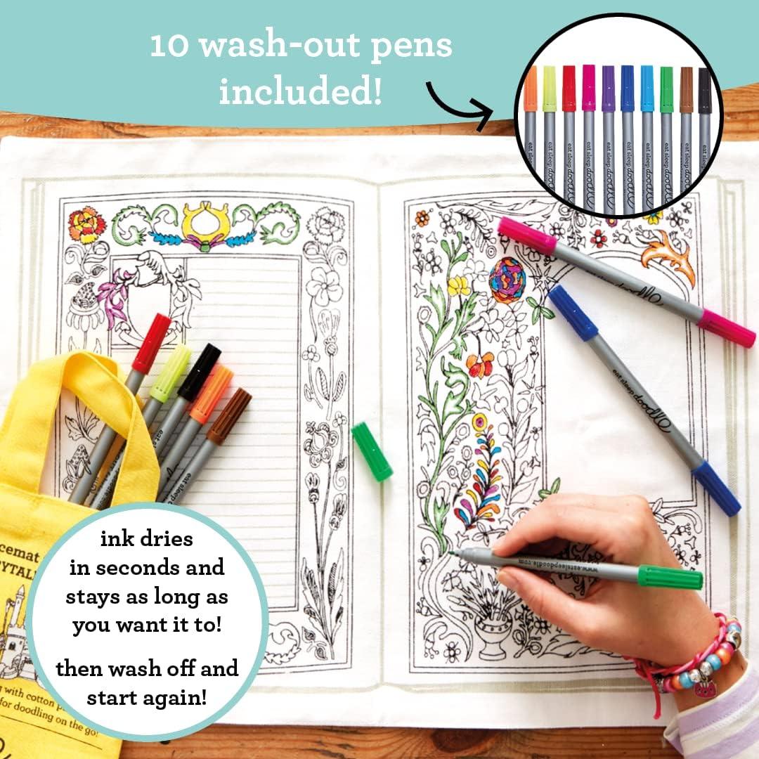 eatsleepdoodle eatsleepdoodle Fairy Tale placemat in its own Cotton Carry Bag to Color-in, Fun Educational Mythical Creature Storybook Coloring Placemat, Washable Felt tip Fabric Markers Included