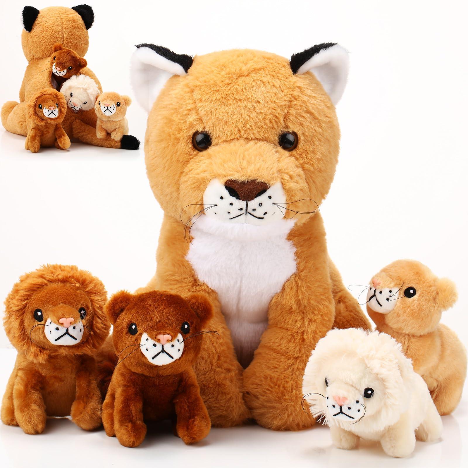 Honoson Honoson 5 Pcs Lion Plush Set Large Lion Stuffed Animal with 4 Cute Baby Lions in Zippered Back Soft Cuddly Lion Plushie Boys Girls Birthday Forest Party Favors
