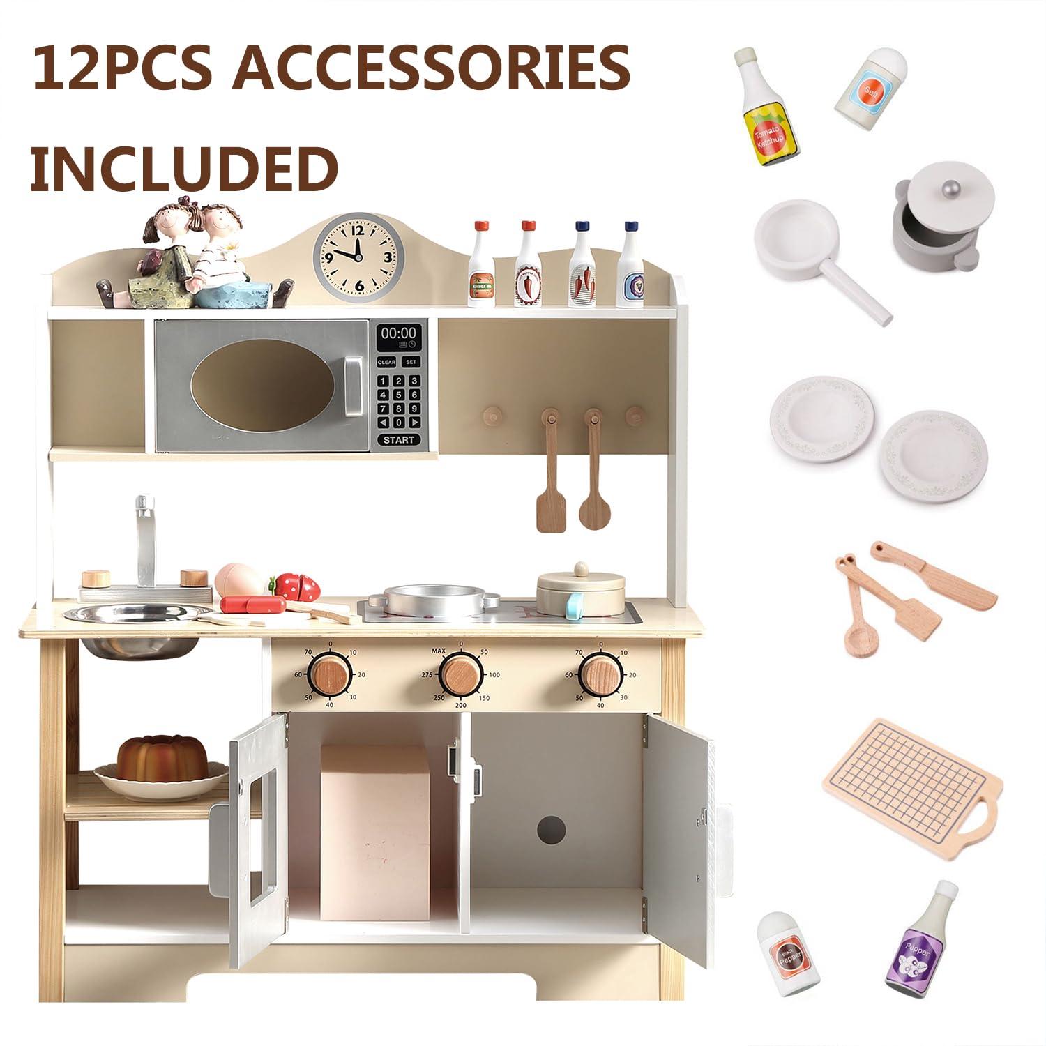 lukazoo Wooden Play Kitchen, Kids Toy Kitchen Cooking Set, Kids Play Kitchen Pretend Play Set, Pretend Kitchen Playset for Toddlers Boys and Girls