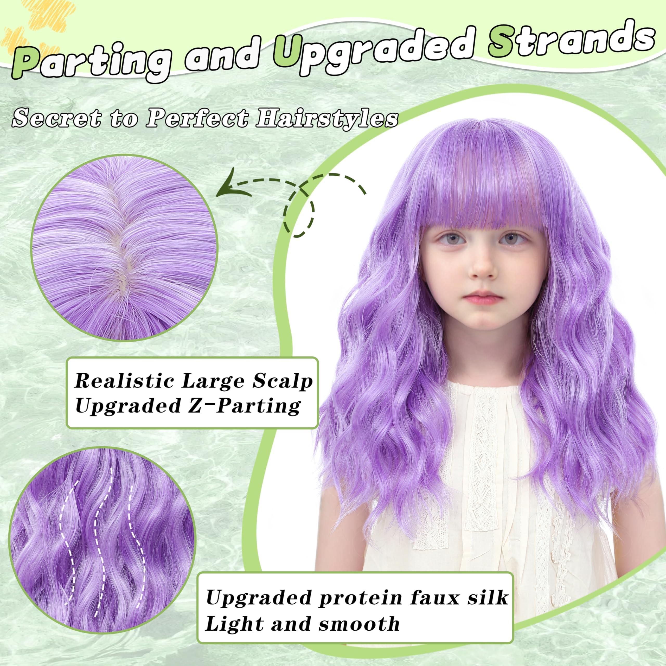 BUPPLER BUPPLER Kids Purple Wig with Bangs 14 Inch Halloween Cosplay Wigs for Kids Girls Wavy Hair Synthetic Wig with Upgraded Strands,Shoulder Length Wig for Costume Parties (14 Inch,Purple)