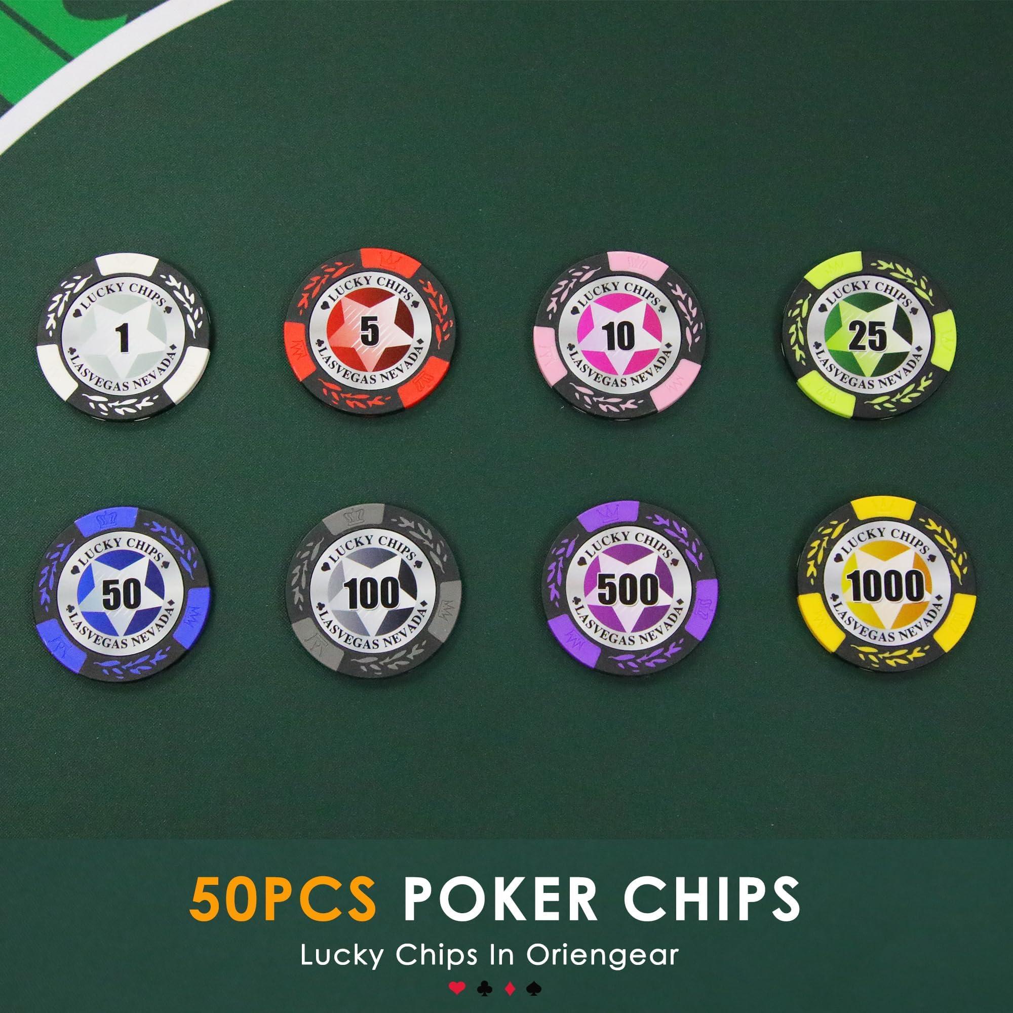 ORIENGEAR ORIENGEAR Poker Chips Professional, 50 Pcs 14 Gram Poker Chips Composite with Clear Denomination, Numbered Chips for Casino Card Game, Blackjack, Roulette Games, for Poker Lover, 8 Color