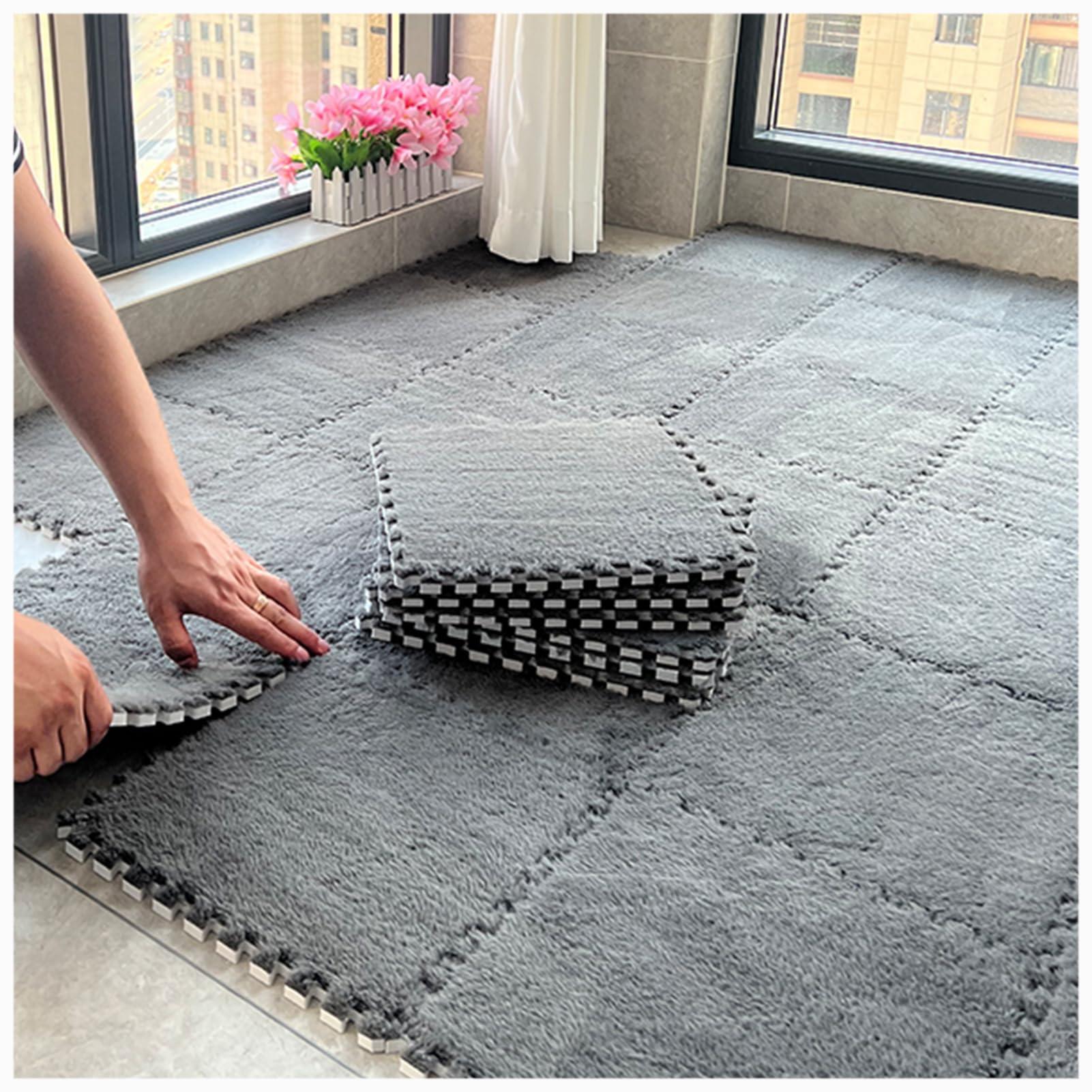 Generic 50pcs 1.0cm Thickened Plush Foam Floor Mats, Interlocking Foam Carpet Tiles, Puzzle Play Area Rugs Cuttable and Removable with Border(Size:30x30x1cm,Color:Gray + Sky Blue)