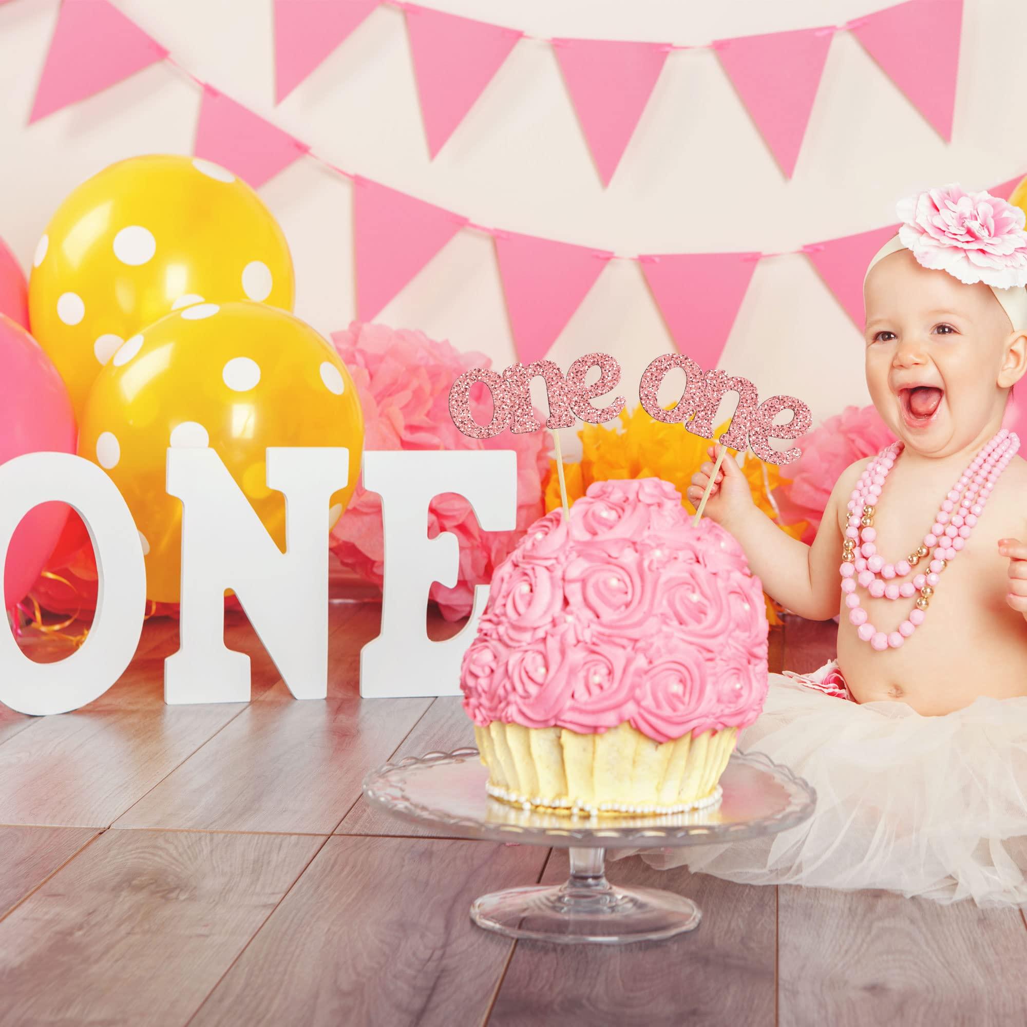 Ephlyn 24Pcs First Birthday Cupcake Toppers Glitter One Cupcake Picks Baby Shower 1st Birthday Cake Decorations Party Supplies Rose Gold